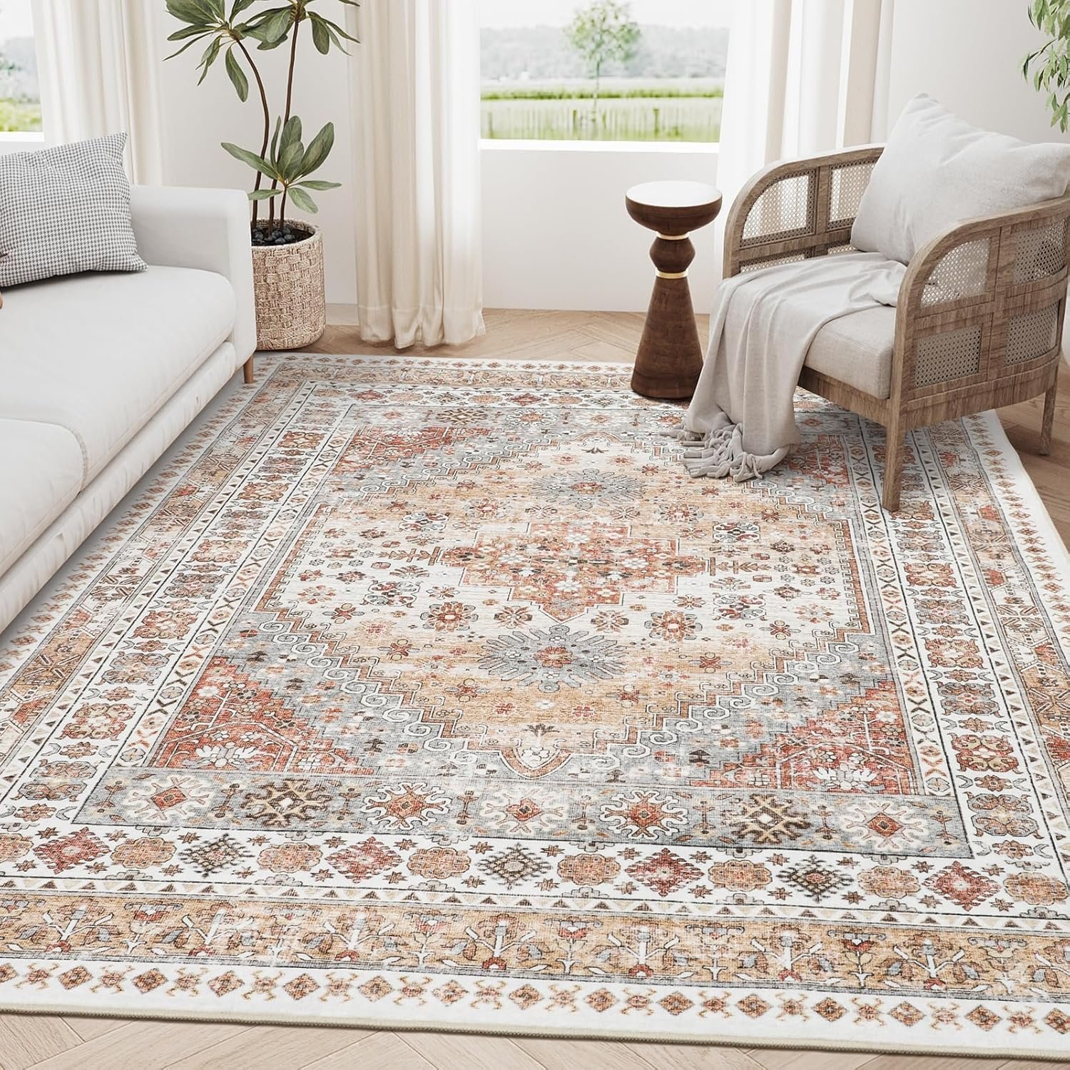 zesthome 5×7 Area Rugs – Ultra-Thin Washble Rug, Stain Resistant Anti Slip Backing Rugs for Living Room,Bedroom, Vintage Home Decor Area Rug (Orange,5’x7′)