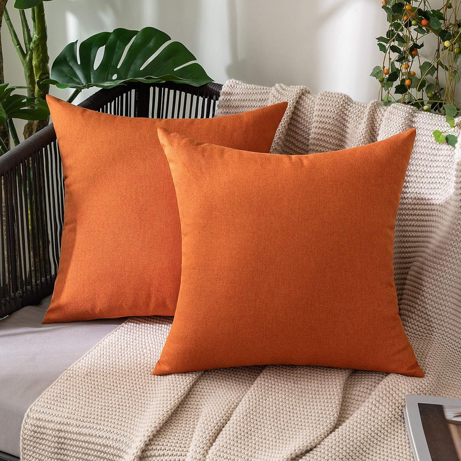 MIULEE Pack of 2 Decorative Outdoor Solid Waterproof Throw Pillow Covers Faux Linen Garden Farmhouse Cushion Cases for Summer Patio Tent Balcony Couch Sofa 18×18 Inch Orange