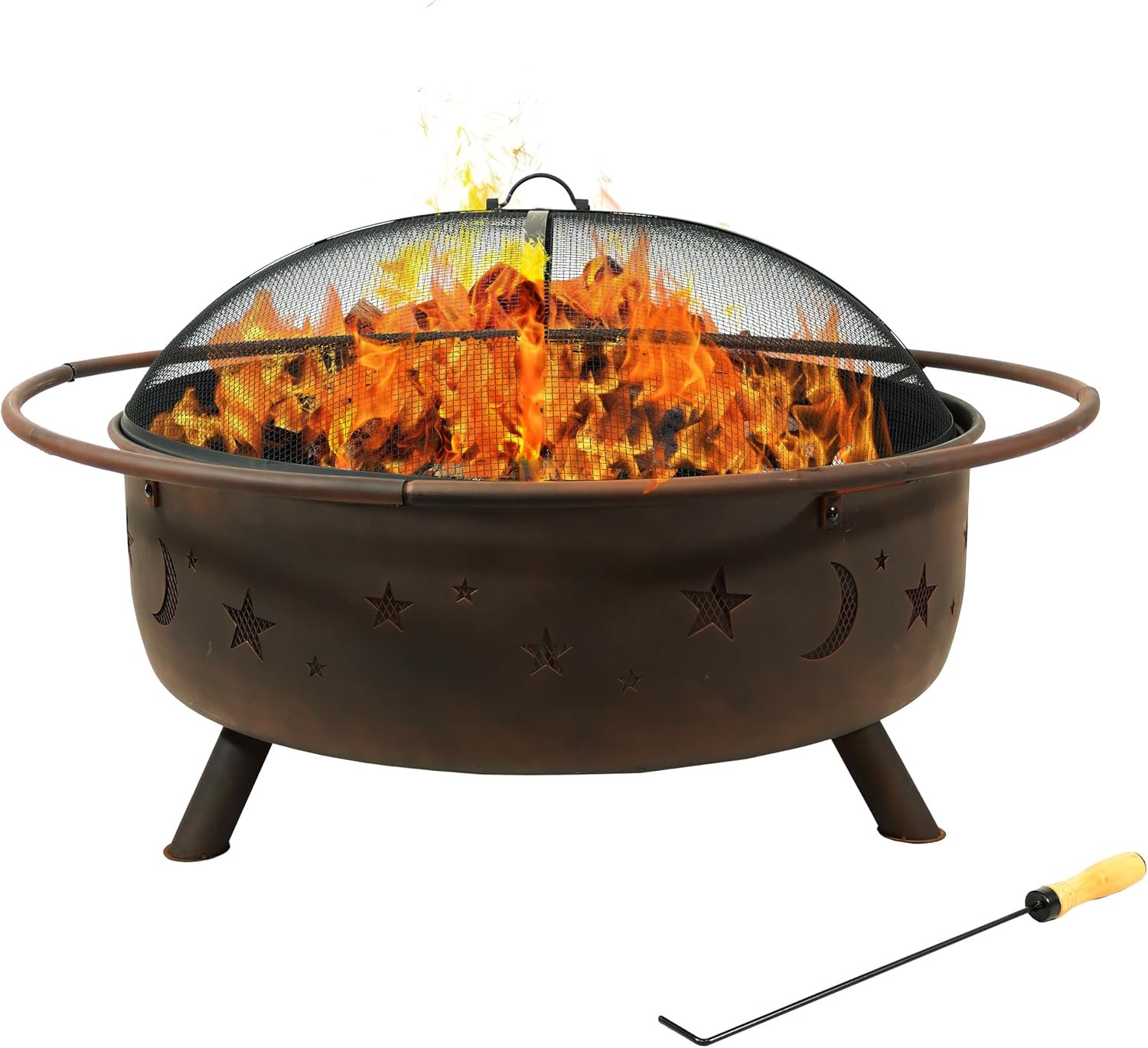 Sunnydaze Cosmic 42-Inch Large Outdoor Fire Pit – Wood-Burning Firepit for Outside Patio, Backyard, Deck – Steel – Wood Grate, Spark Screen, and Fireplace Poker Included – Bronze – 34” Bowl Diameter