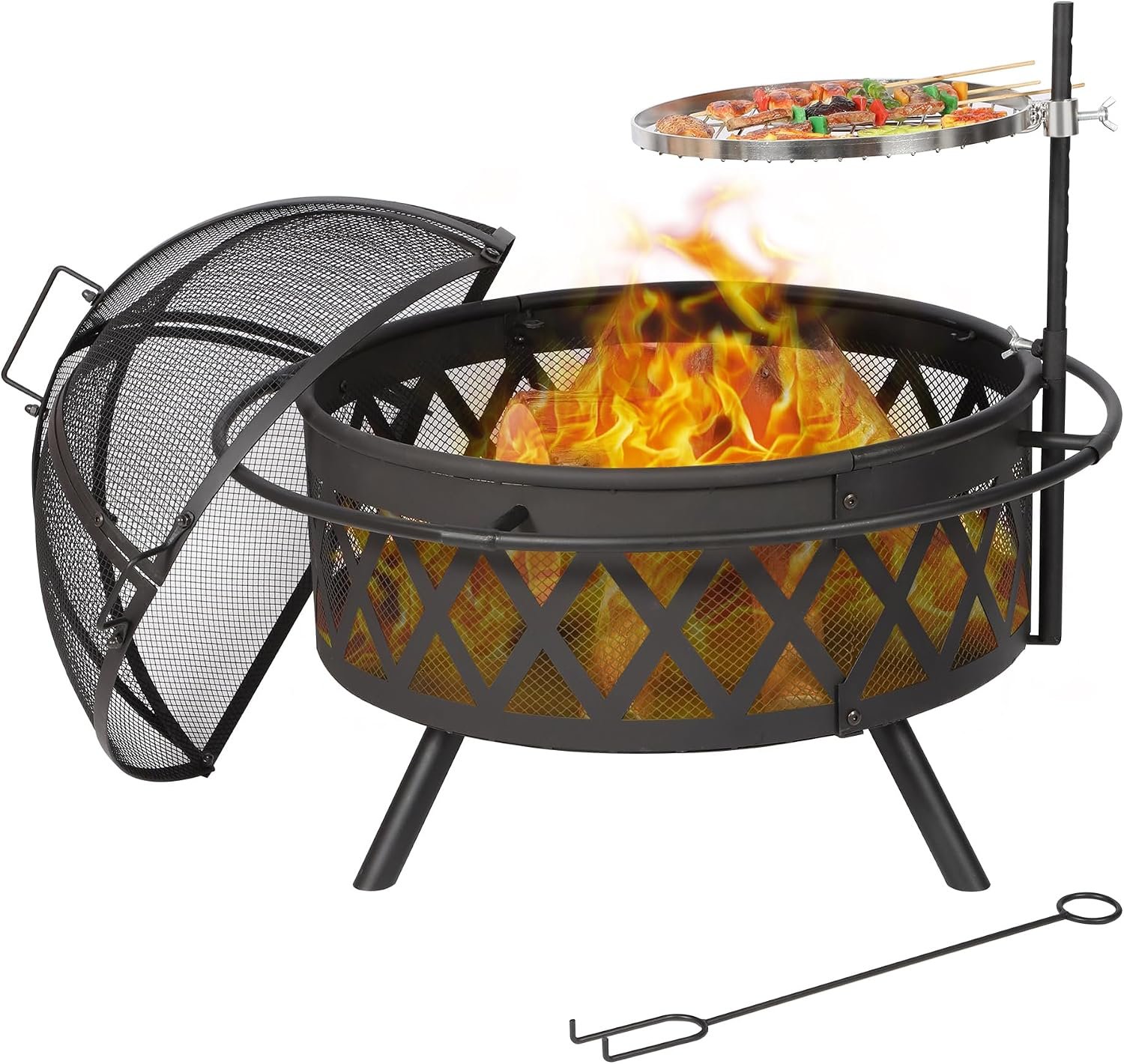 29″ Fire Pits with Grill, 2 in 1 Large Wood Burning Firepit with Swivel Cooking Grate, Outdoor Fireplaces for Outside Backyard Patio Picnic BBQ, Spark Screen Cover, Fire Bowl, Poker