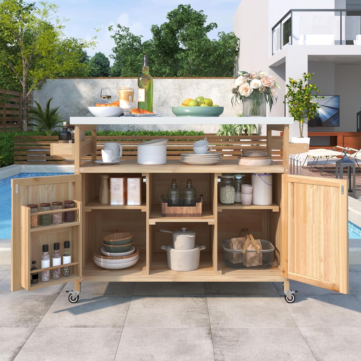 Outdoor Kitchen Island with Storage – Rolling Bar Cart with Wheels, Farmhouse Solid Wood Outdoor Grill Table with Stainless Steel Top, Spice Rack, Towel Rack for Kitchen & BBQ(Natural)