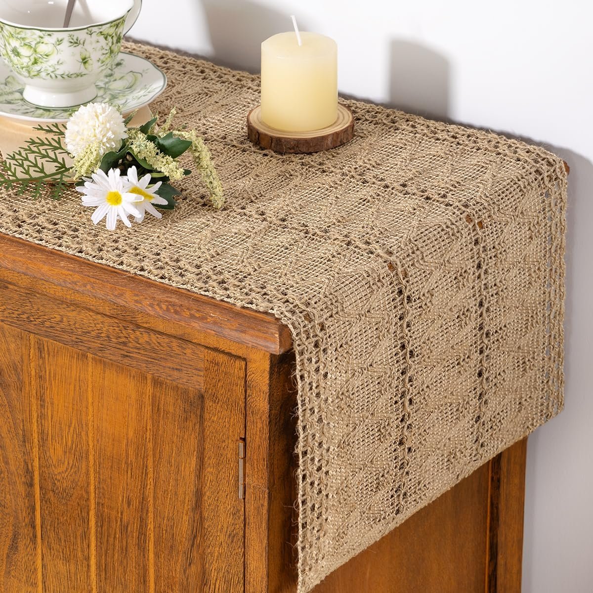 Socomi Boho Table Runner Summer Farmhouse Burlap Jute Bamboo Rustic Dining Kitchen Centerpiece Decor Small Macrame Woven Coffee Table Runner for Dresser Scarf Home Decor 12×48 inch