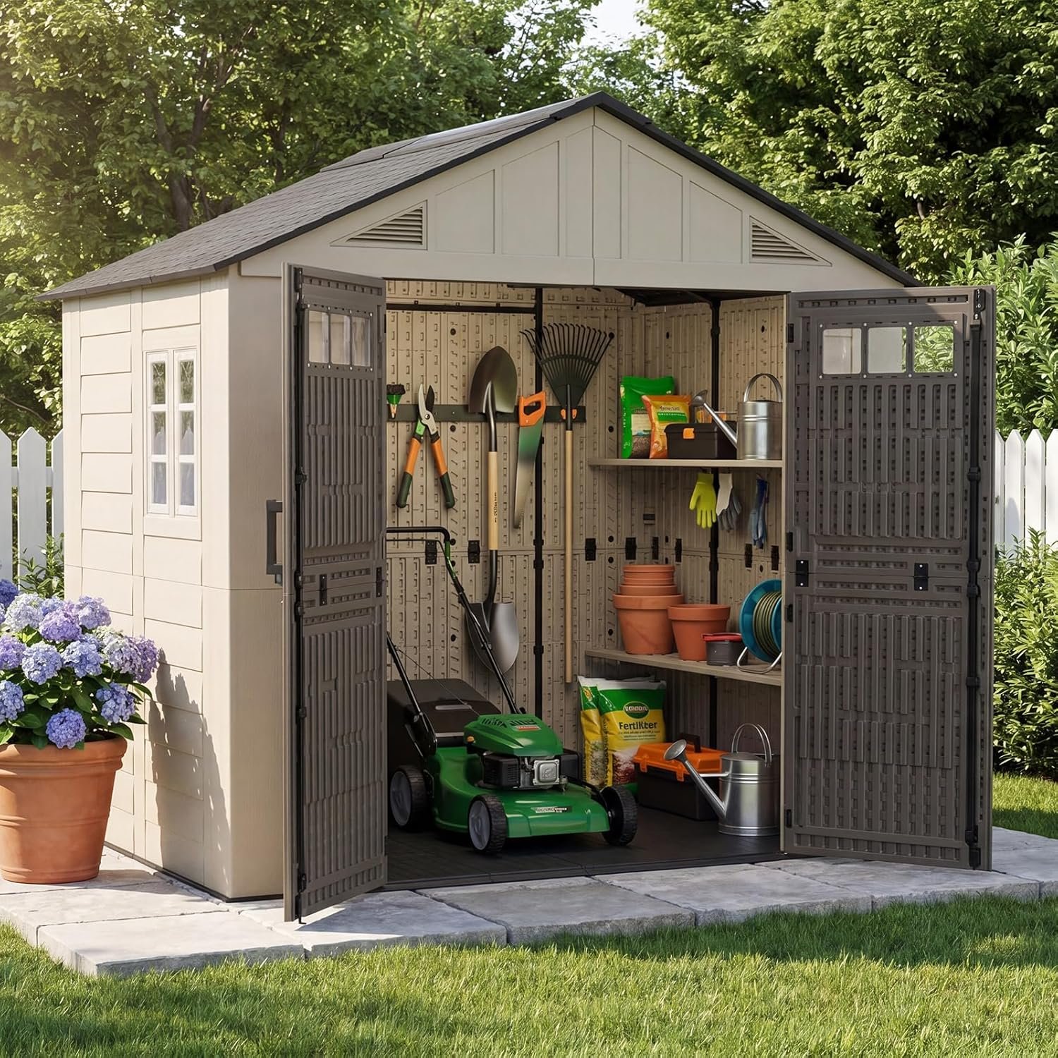 Aoxun 8×6 Ft Outdoor Storage Shed with Floor, Large Resin Outdoor Shed with Lockable Door & Windows, Garden HDPE Sheds for Lawn Tools, Pool Supplies & Bikes