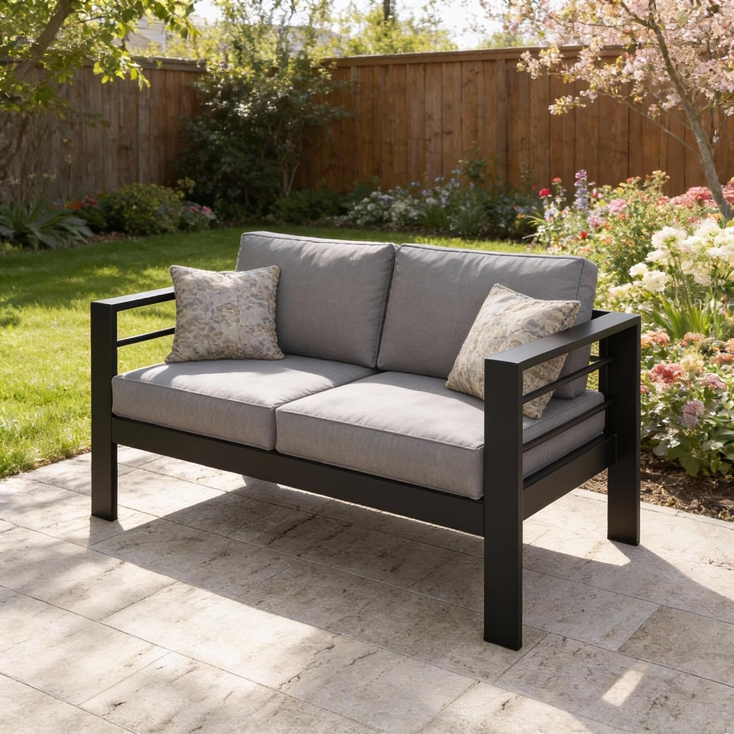 Kiss the Water Aluminum Patio Sofa, Loveseat Light Grey Outdoor Couch | All-weather rust-proof aluminum frame with 5″ thick olefin cushions, ideal for patio, backyard, or porch. Modern design.
