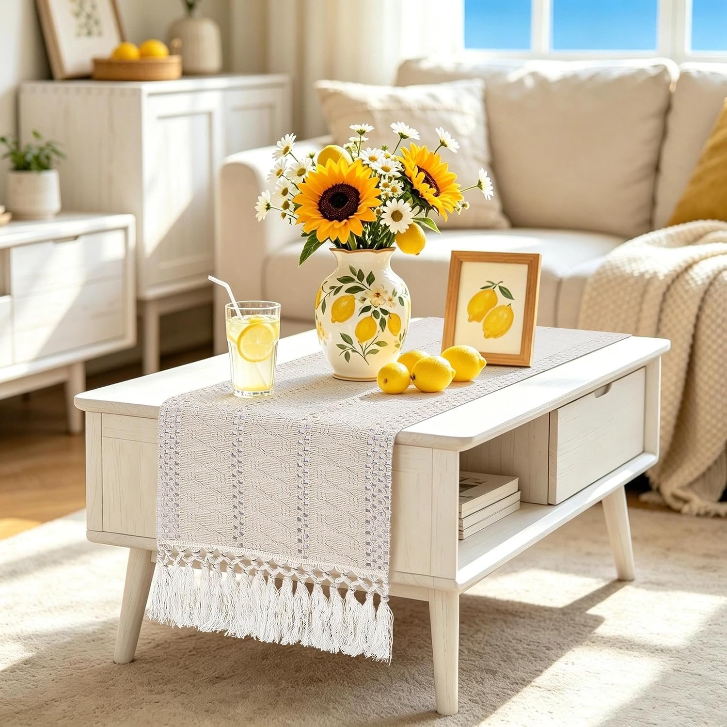 yuboo Boho Table Runner 36 Inches, Small Macrame Cream Coffee Table Runner Short, Dresser Scarf for Spring Decor, Nightstand, End Table, Desk