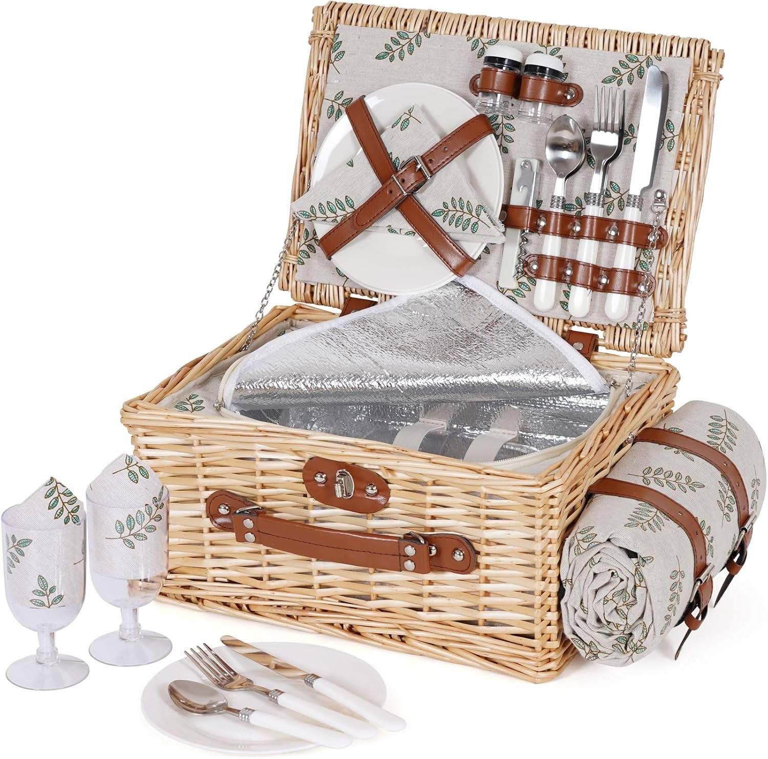 HappyPicnic Picnic Basket Set for 2 – Wicker Picnic Basket with Waterproof Blanket & Insulated Liner, Large Handmade Willow Hamper with Cutlery Kit for Outdoor, Picnic, Camping, Party, Holidays (Leaf)