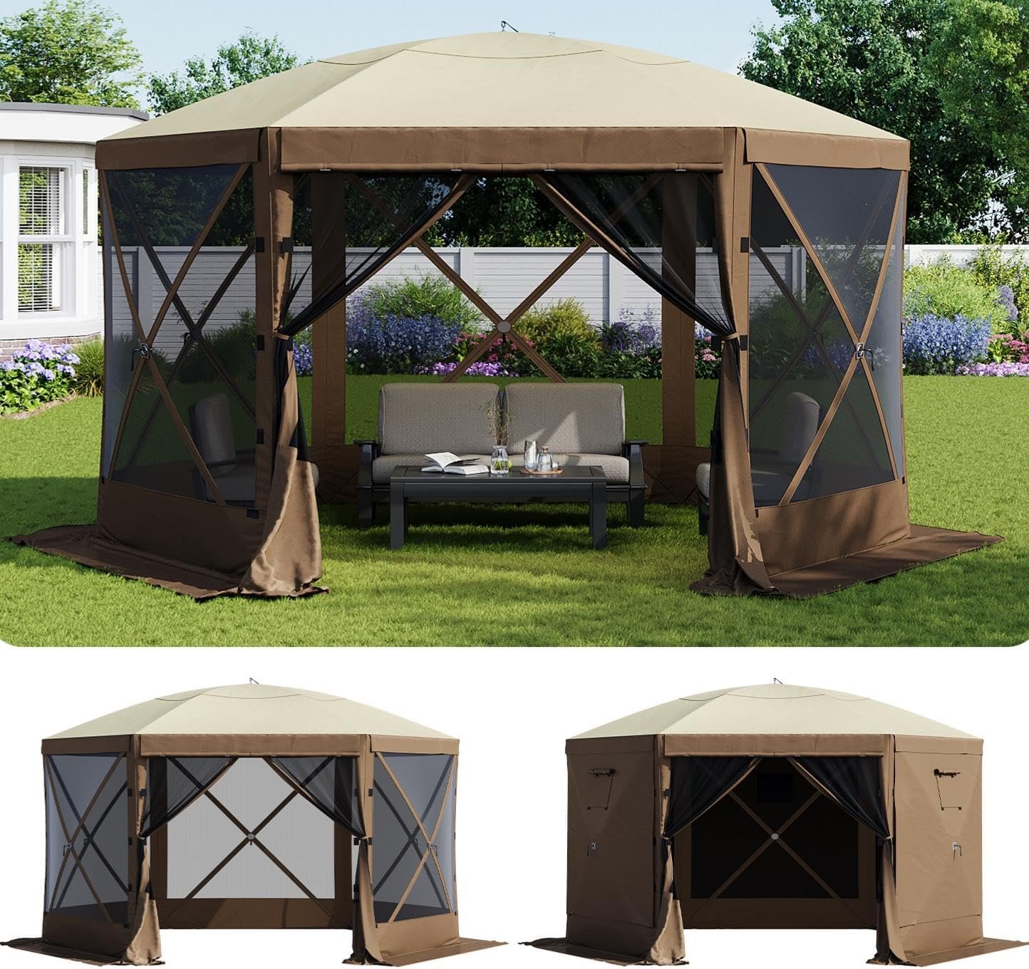 Aoxun 12x12FT Pop Up Canopy Tent, 6-Sided Pop-up Gazebo Screen Tent with Mesh Windows, Outdoor Canopy Shelter Tent with Carrying Bag, Large Shade Tents for Camping, Backyard, Patio, Lawn, Brown