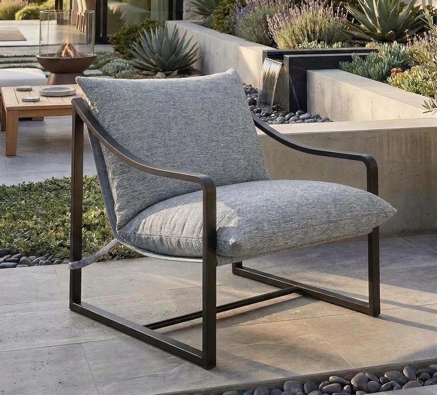 Grey Sling Accent Chair, Metal FrameSling Outdoor Chairs with Metal Frame and SOFE Cushion for Garden, Patio, Living Room & Bedroom, Easy Assembly-Grey
