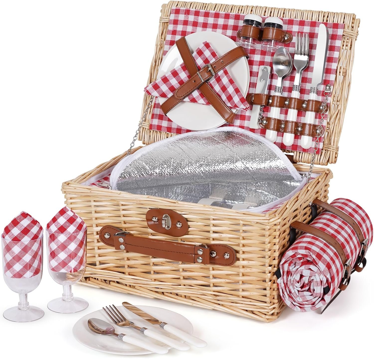 HappyPicnic Picnic Basket Set for 2 – Wicker Picnic Basket with Waterproof Blanket & Insulated Liner, Large Handmade Willow Hamper with Cutlery Kit for Outdoor, Picnic, Camping, Party, Holidays (Red)