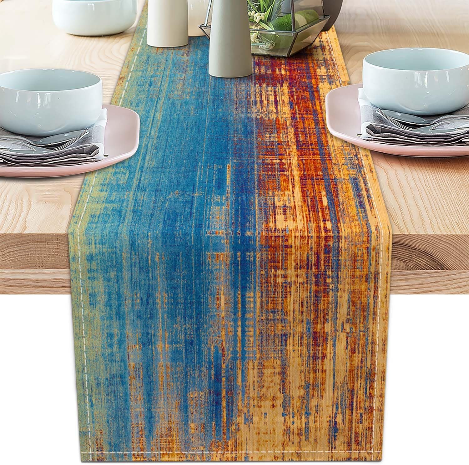 Orange and Blue Table Runner Modern Abstract Messy Rust Painting Linen Dresser Runner Vintage Farmhouse Style Table Decor for Kitchen Dining Wedding Coffee Home Party (Orange, 13″x 36″)