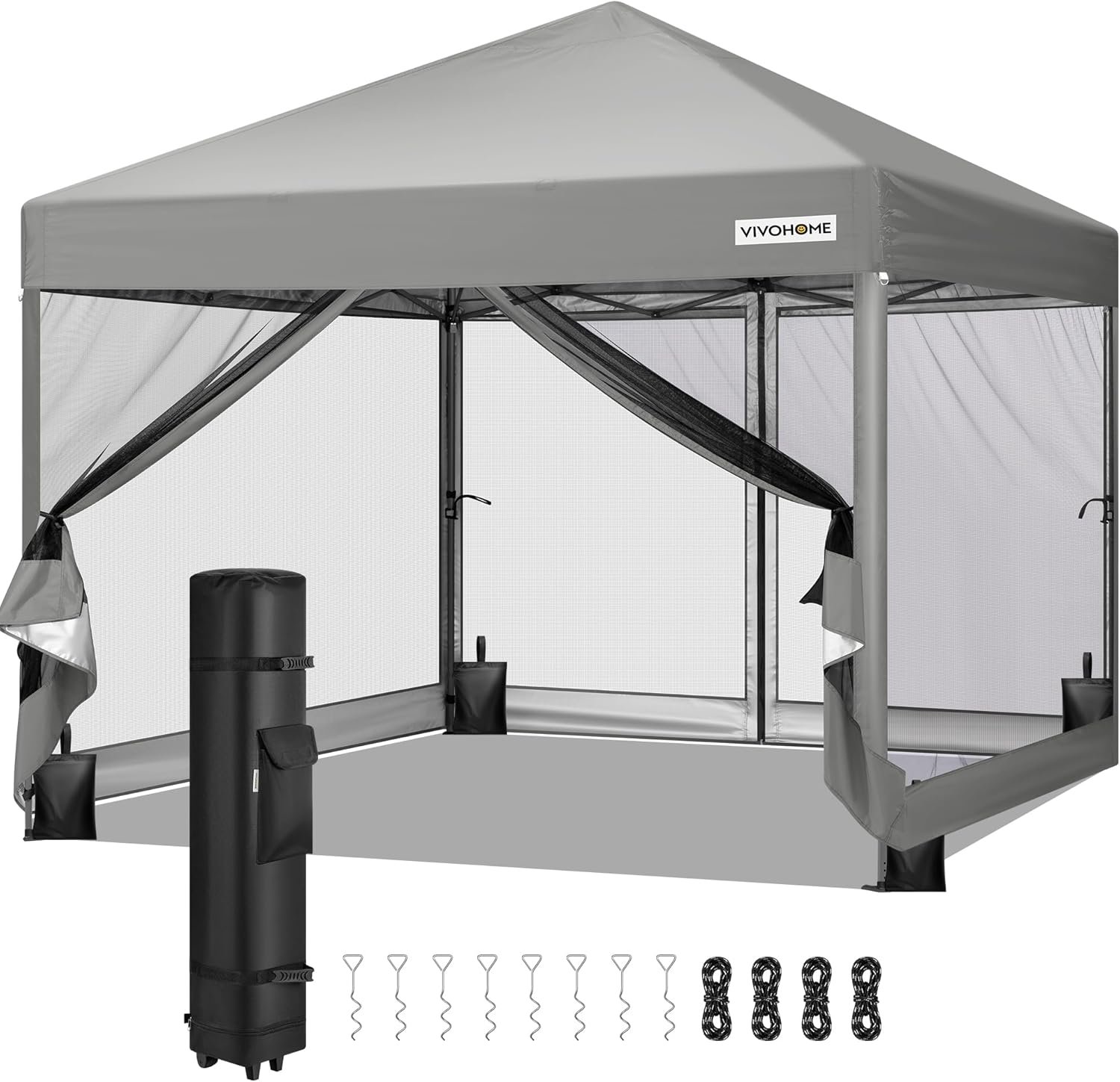 VIVOHOME 10x10ft Easy Pop-Up Canopy, Outdoor Screen Tent with Mosquito Netting, 2 Zipper Doors, and Roller Bag for Yard Camping Picnic Party Events, Grey