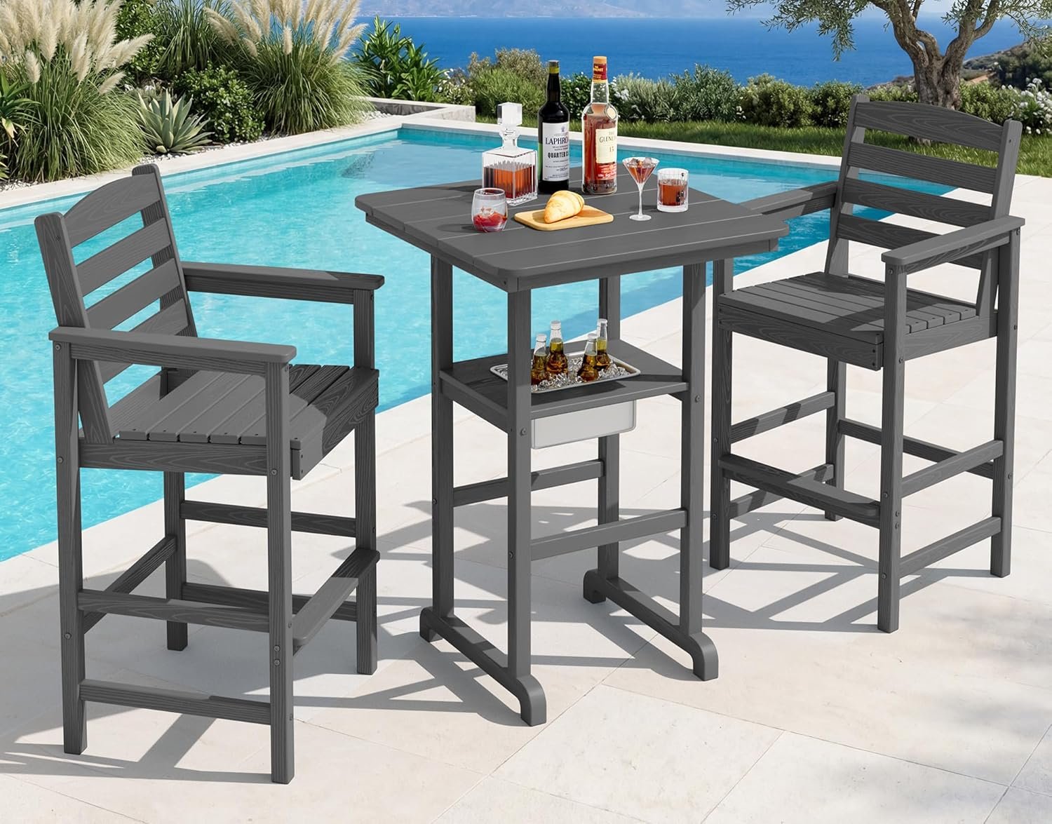 SERWALL 3 Pieces Outdoor Bar Chairs Table with Ice Bucket Set, Grey | HDPE Tall Adirondack Chairs Set, Bar Height Chairs Set, Balcony Adirondack Bar Chairs, Outdoor Bar Stools