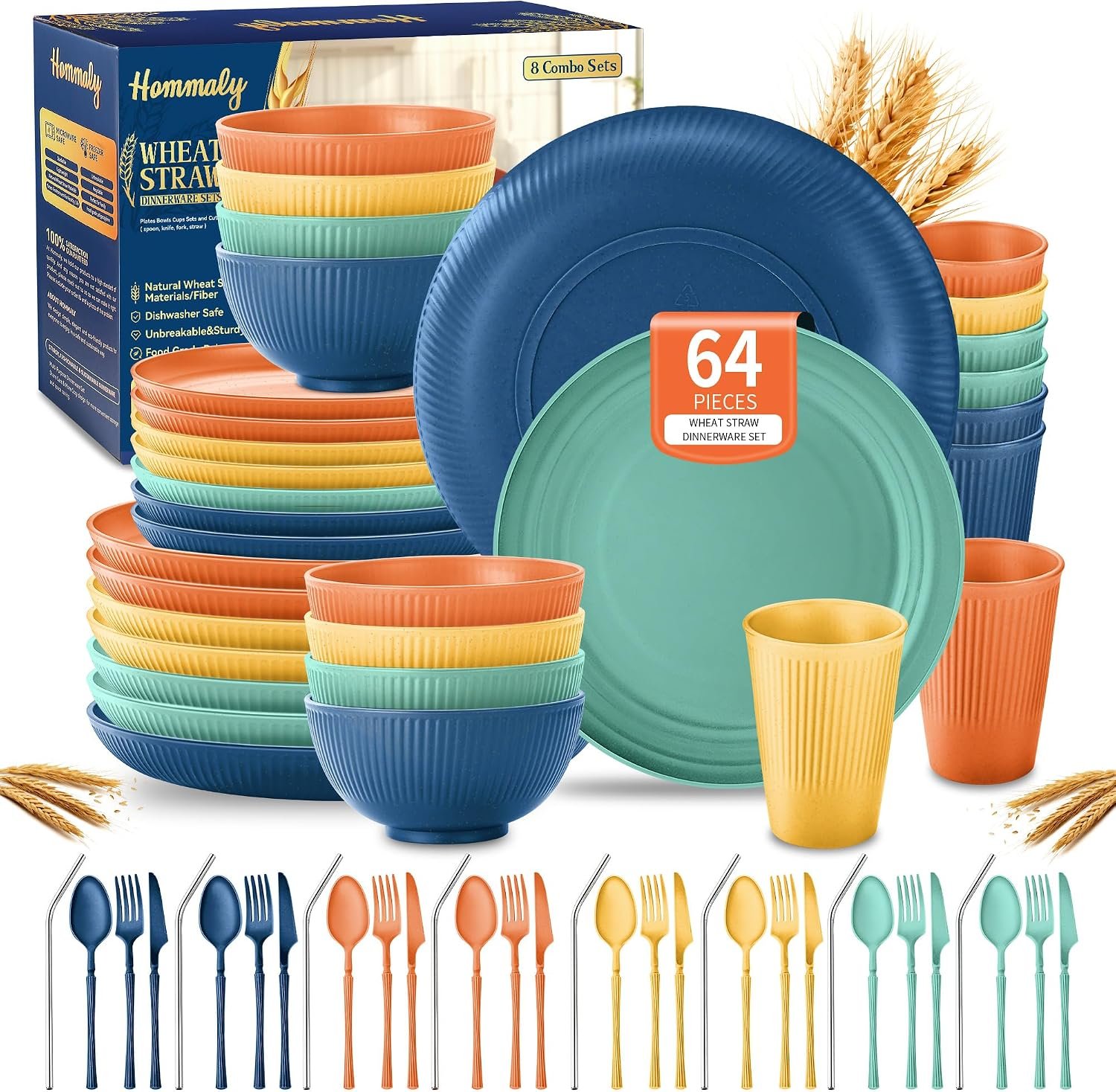 Wheat Straw Dinnerware Sets,64-Piece Plates and Bowls Sets for 8-Unbreakable,Reusable Plastic Dish Set-Dinner Plate/Dessert Plate/Cereal Bowl/Cup/Utensils-Dishwasher Safe 64P-JadePeak Lake Sunset