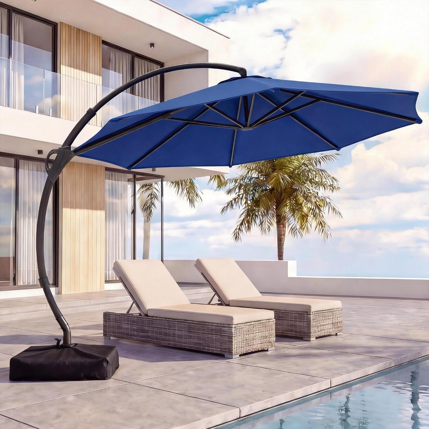 LAUSAINT HOME Outdoor Patio Umbrella with Base included, 11 FT Deluxe Curvy Cantilever Umbrella Offset Hanging umbrella with 360° Rotation for Market, Pool, Garden, Backyard, Deck (Navy Blue, 11 FT)