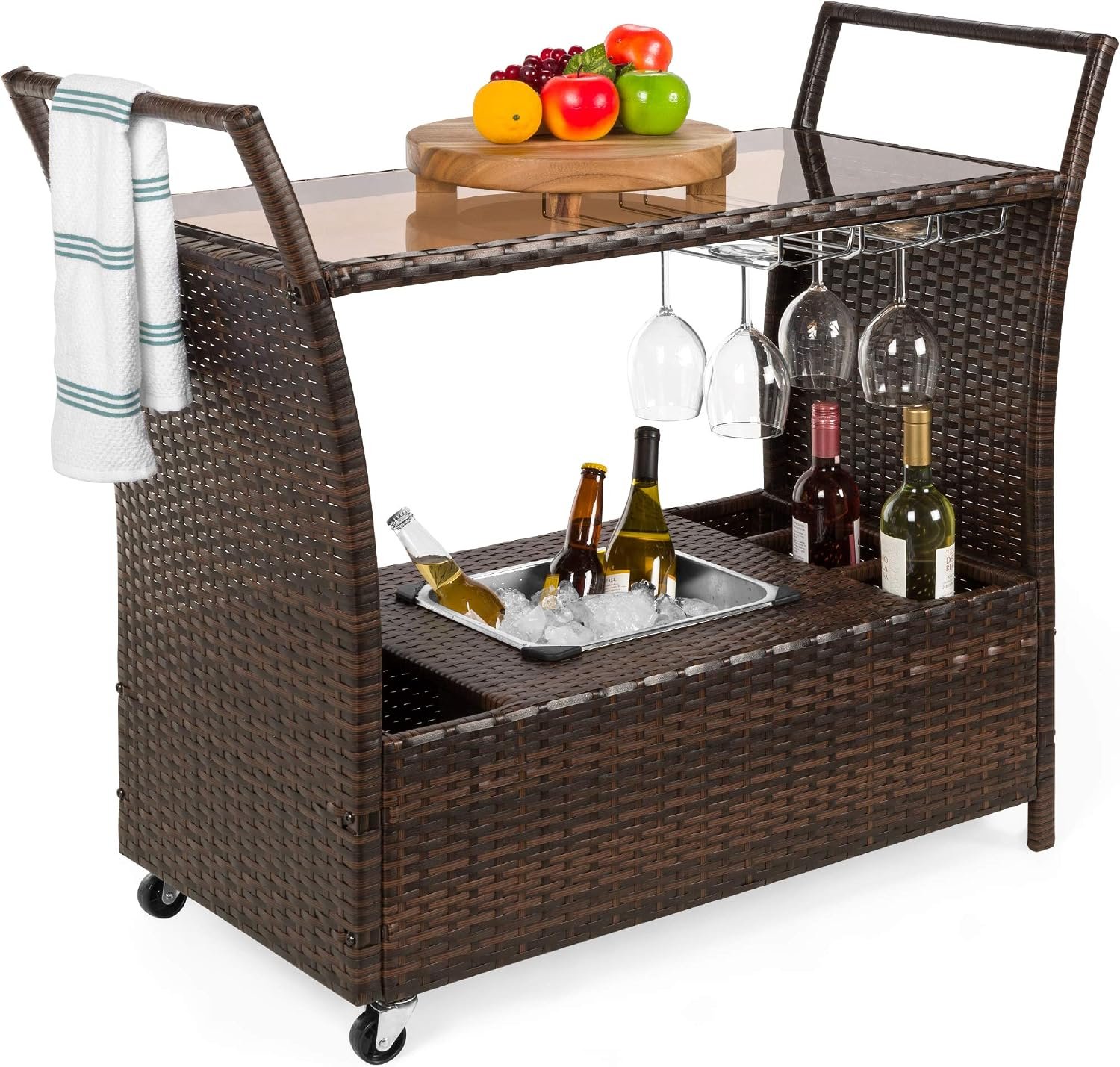 Best Choice Products Outdoor Rolling Wicker Bar Cart w/Removable Ice Bucket, Glass Countertop, Wine Glass Holders, Storage Compartments – Brown