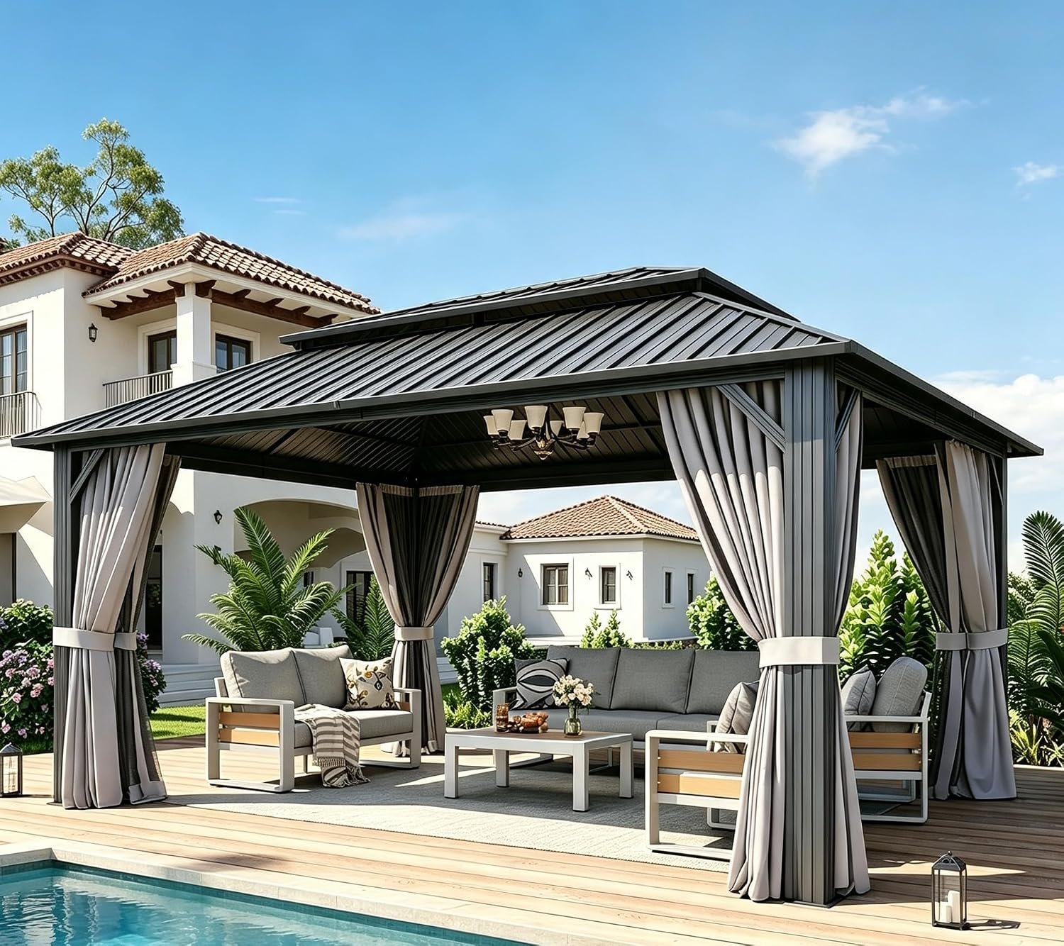Aoxun 12Ft X 16Ft Hardtop Gazebo, Aluminum Metal Outdoor Gazebo with Breathable Netting and Curtains, Galvanized Steel Double Top, Permanent Patio Pavilion for Backyard, Wedding, Party | with Breathable Netting and Curtains,Galvanized Steel Double Top,Permanent Pavilion for Backyard,Patio,Lawn,Deck
