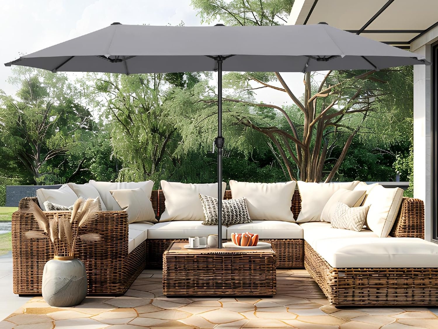 PHI VILLA 13ft Large Patio Umbrellas, Double-Sided Outdoor Market Rectangle Umbrella for Outside, Light Gray