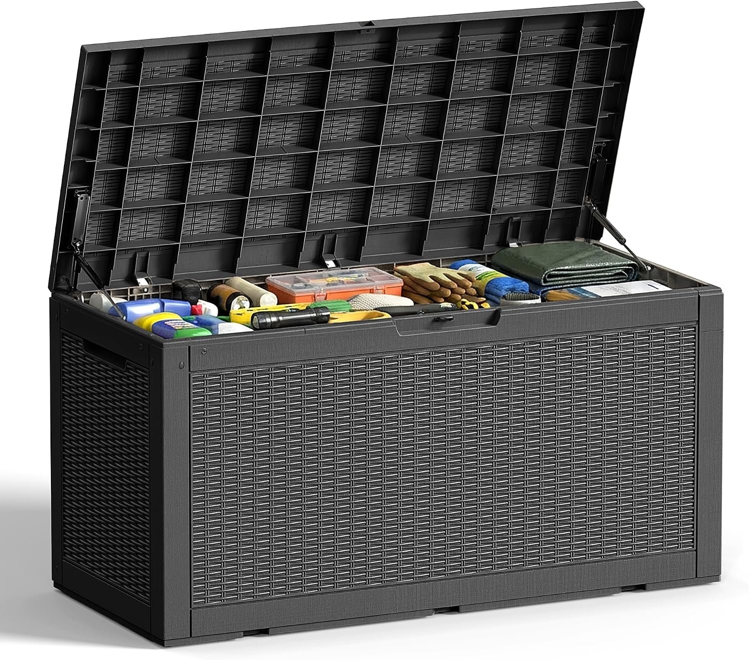 EFU Outdoor Storage Box 100 Gallon Deck Box Resin Outdoor Toy Storage With Lockable Lid, Hydraulic Struts, Rattan Style Package Delivery Boxes for Outside Patio Yard Garden (Black)