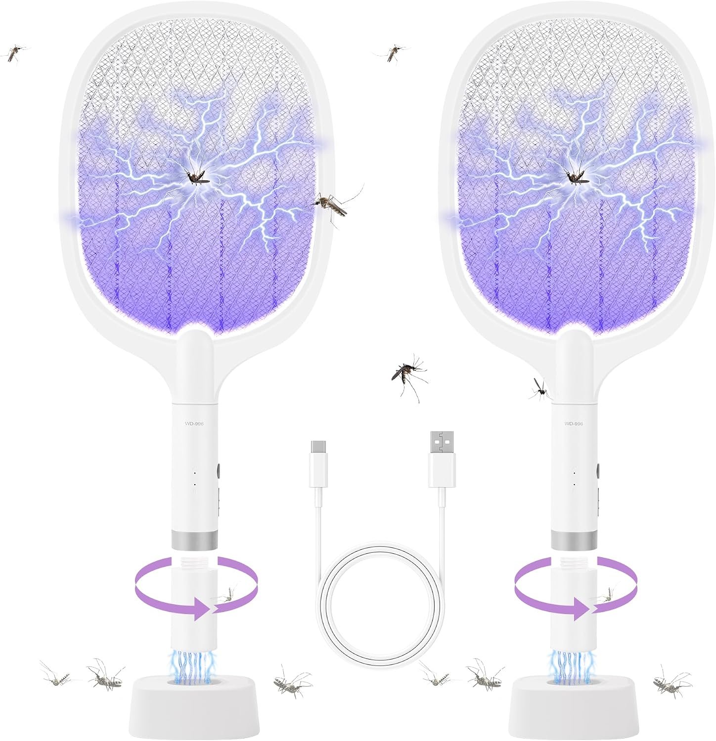 Electric Fly Swatter Racket, 4000V Bug Zapper Racket Rechargeable Fly Zapper Dual Modes Mosquito Swatter Portable with Purple Light & 3-Layer Safety Nets for Indoor & Outdoor, 2 Pack (2-Pack-Oval)