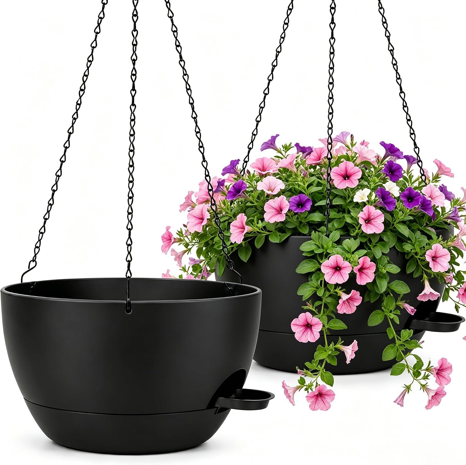 12″ Self Watering Hanging Planters with Chains, Black, 2 Pack | 43 Oz removable self-watering reservoir, for indoor/outdoor plants, patio & garden