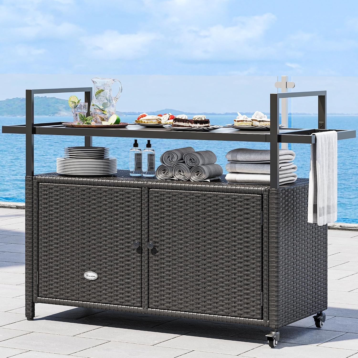 YITAHOME Large Outdoor Kitchen Wicker Island Rolling Cart | Patio Bar Table w/Wheels and Black Glass Table Top Backyard and Poolside Dark Brown