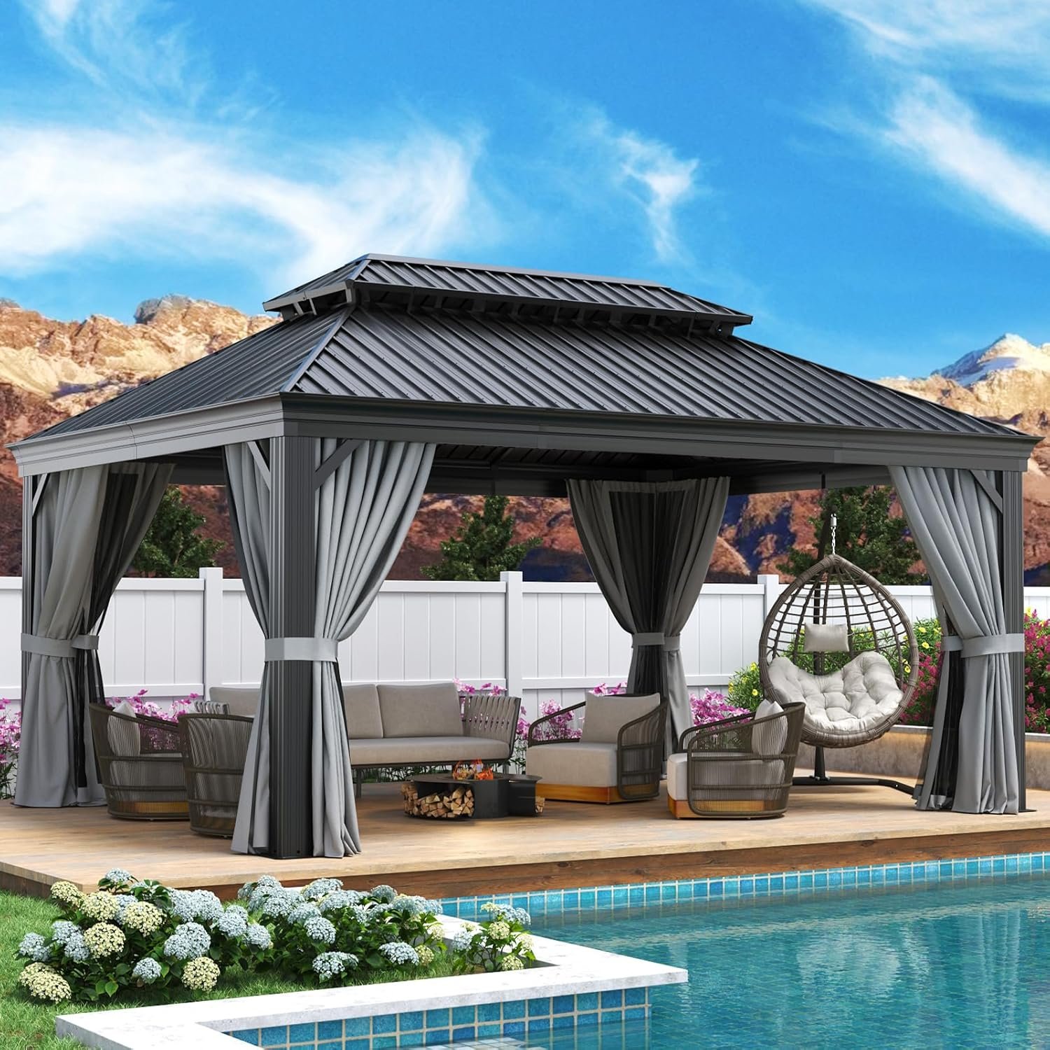 Aoxun 12′ X 16′ Hardtop Gazebo with Drainage System, Aluminum Outdoor Gazebo with Galvanized Steel Double Roof, Patio Permanent Metal Pavilion with Netting, for Garden, Deckyard, Grey