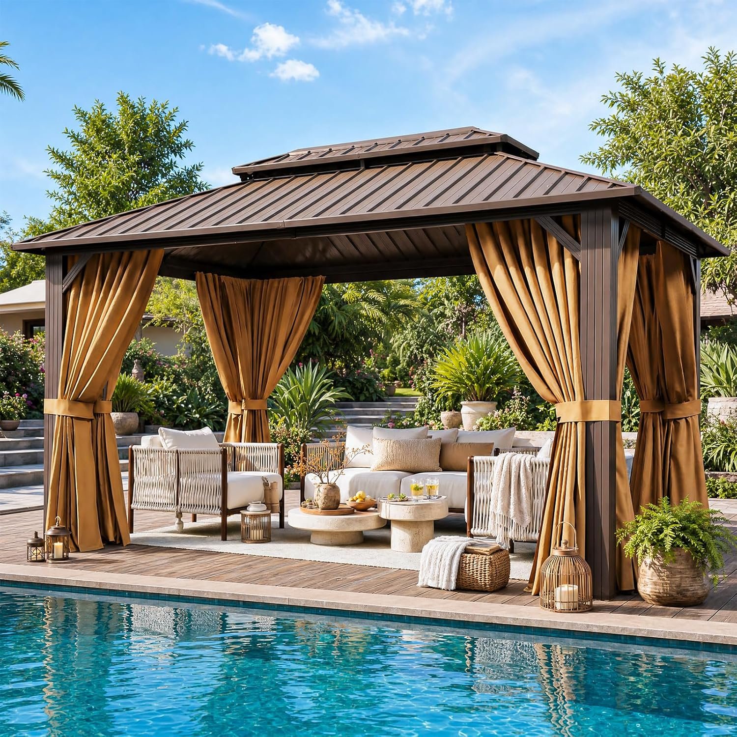 10x12FT Hardtop Gazebo Brown | Permanent Outdoor Pergola with Double Galvanized Steel Roof and Curtains and Netting for Backyard, Patio, Lawn and Garden