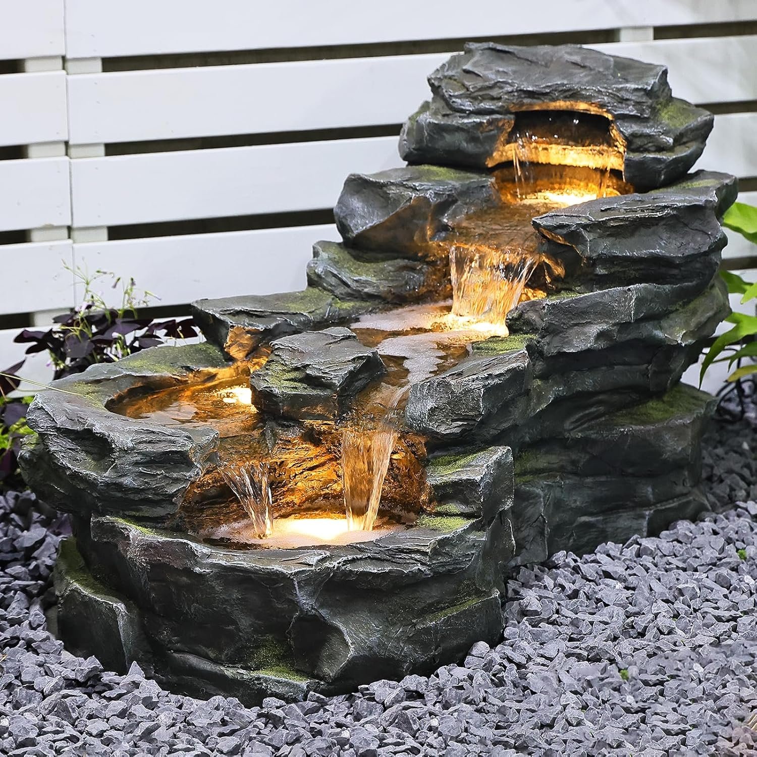 37″ L Garden Outdoor Water Fountain, Floor Standing 5-Tiers Rock Natural Waterfall Outdoor Fountains with LED Lights for Patio, Porch, Home Art Decor