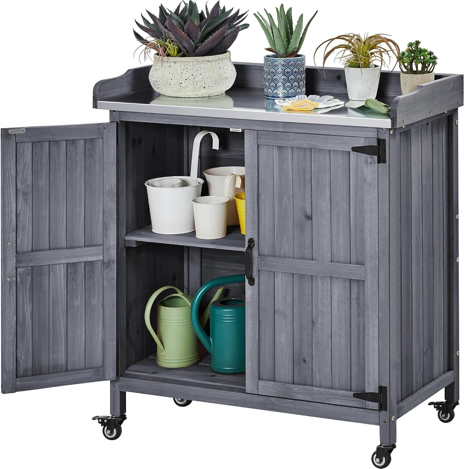 Yaheetech Rolling Potting Bench Outdoor Storage Cabinet, Metal Top, Gray | Fir wood cabinet with shelves hides garden and grill gear, its metal top suits potting, and locking wheels roll it anywhere.