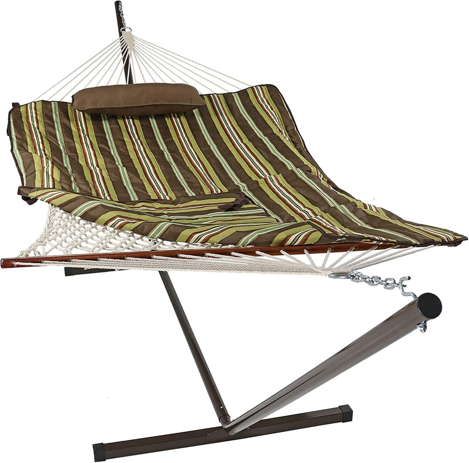 Sunnydaze Rope Double Hammock with Stand for Outside – Heavy Duty Freestanding Portable Outdoor Hammock Set with Quilted Pad, Pillow, and 12-Foot Steel Frame – 450 lb Capacity – Desert Stripe