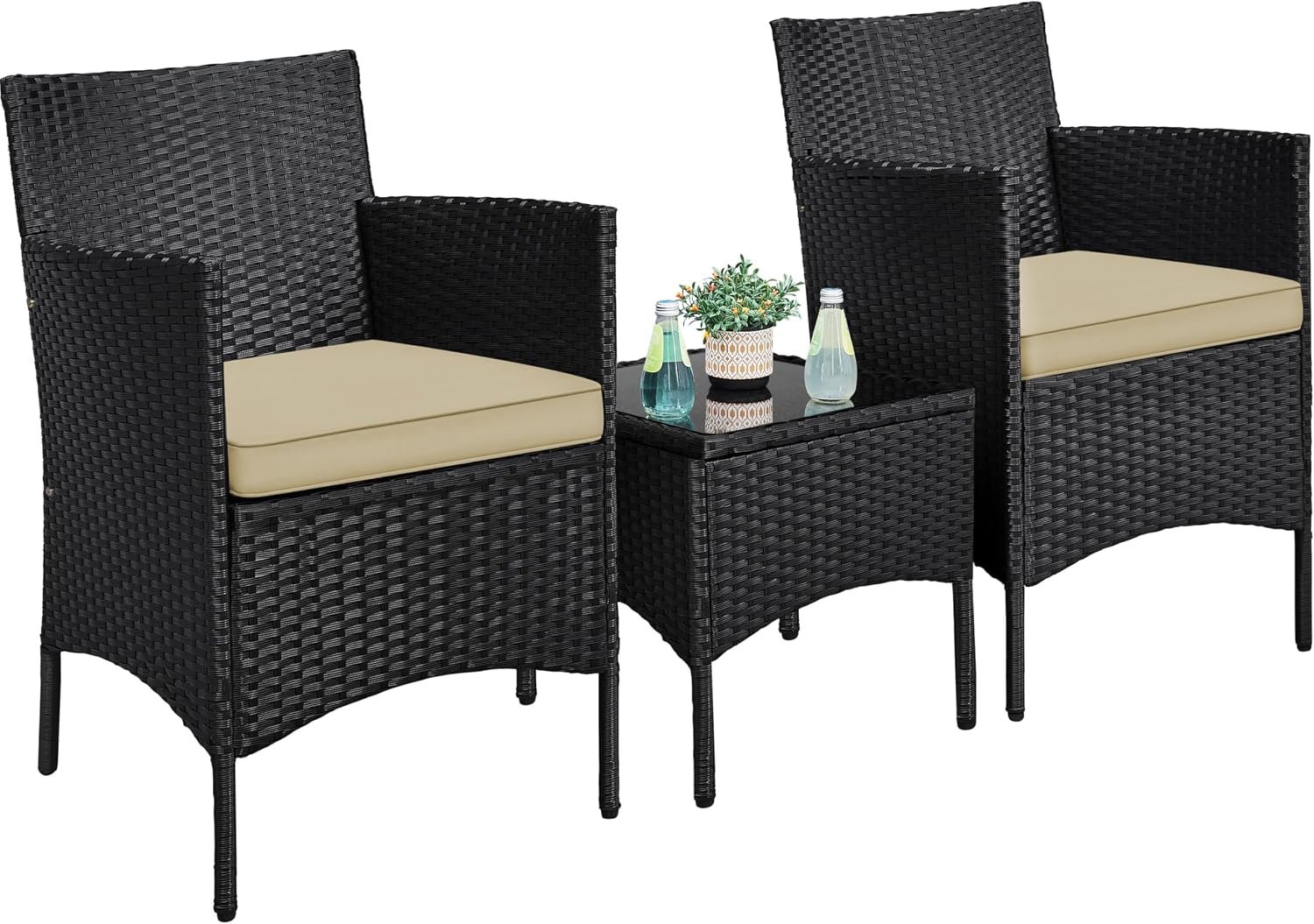 Yaheetech 3 Pieces Patio Conversation Set, Outdoor Rattan Bistro Furniture, 2 Chairs with Cushions & 1 Side Table for Bistro/Porch/Garden/Deck/Courtyard, Black/Khaki