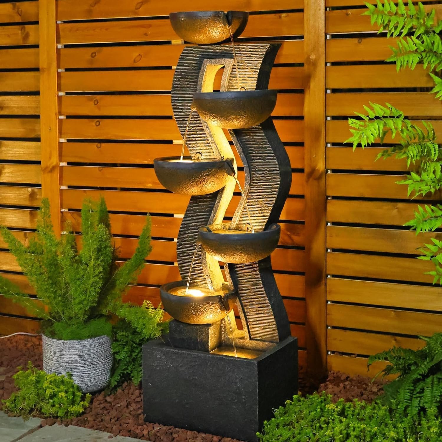 52.8″ Tall Outdoor Water Fountain with Lights, 6-Tier Cascading Resin Waterfall Feature for Porch, Garden, Yard, Deck, Patio – Large Freestanding Outdoor Fountain and Waterfall Outside Decor