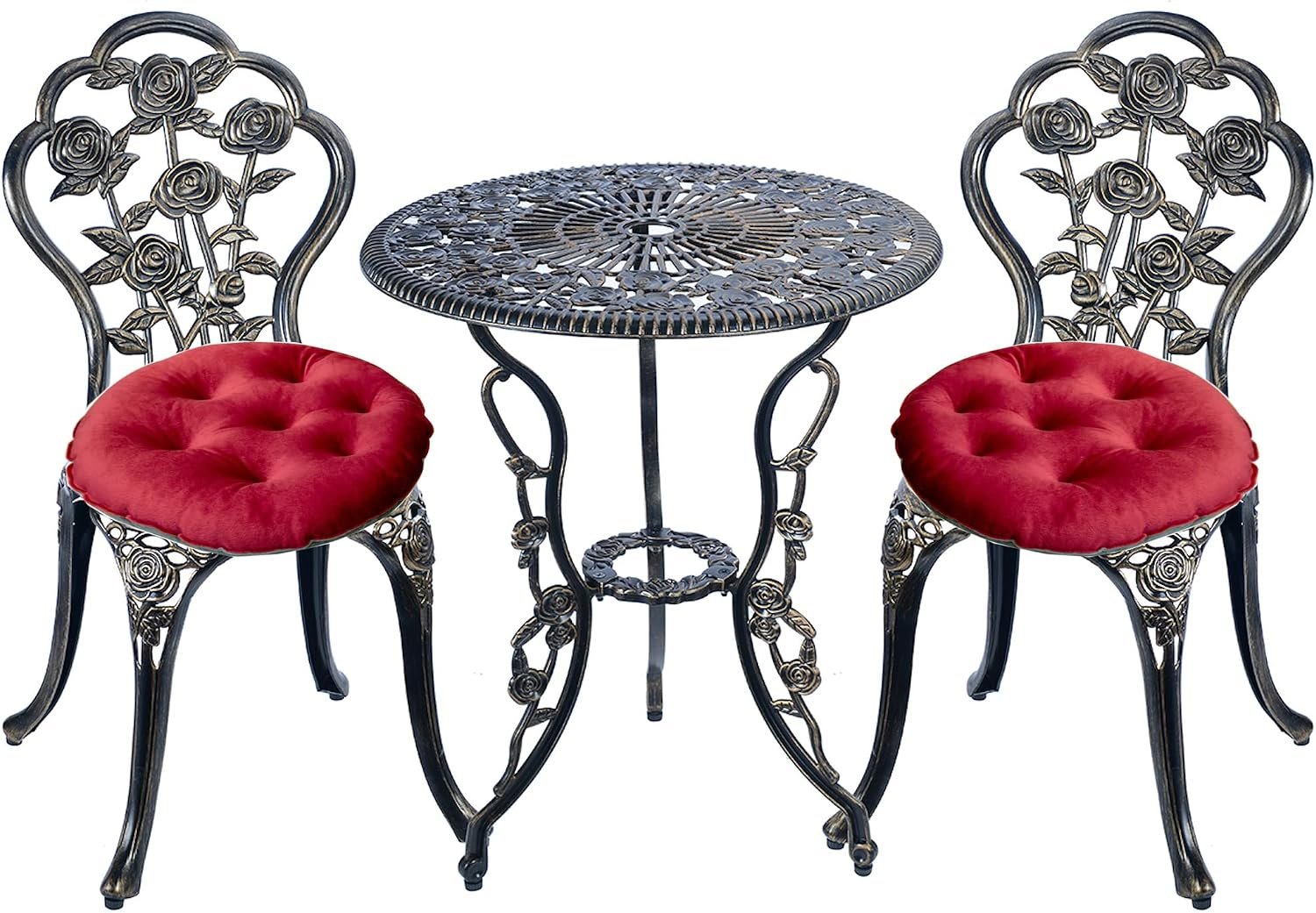 Mandolin Patio Table and Chairs,5 Piece Outdoor Dining Set,Rust-Resistant Cast Aluminum Bistro Set with Cushion.Rose Design (Copper)