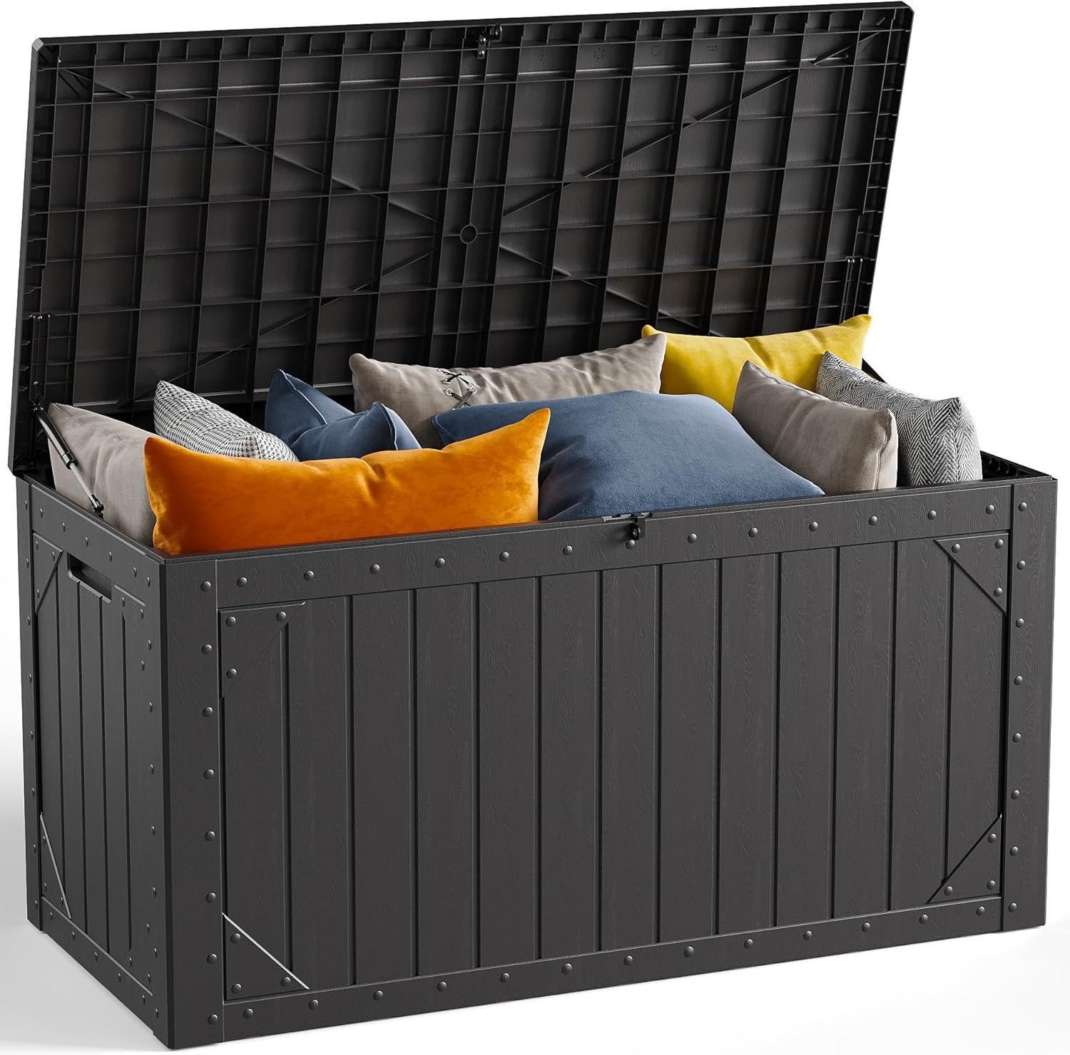 100 Gallon Outdoor Storage Box, Waterproof Resin Deck Box Organizer for Patio Cushion Storage, Lockable Outside Container for Garden Tools