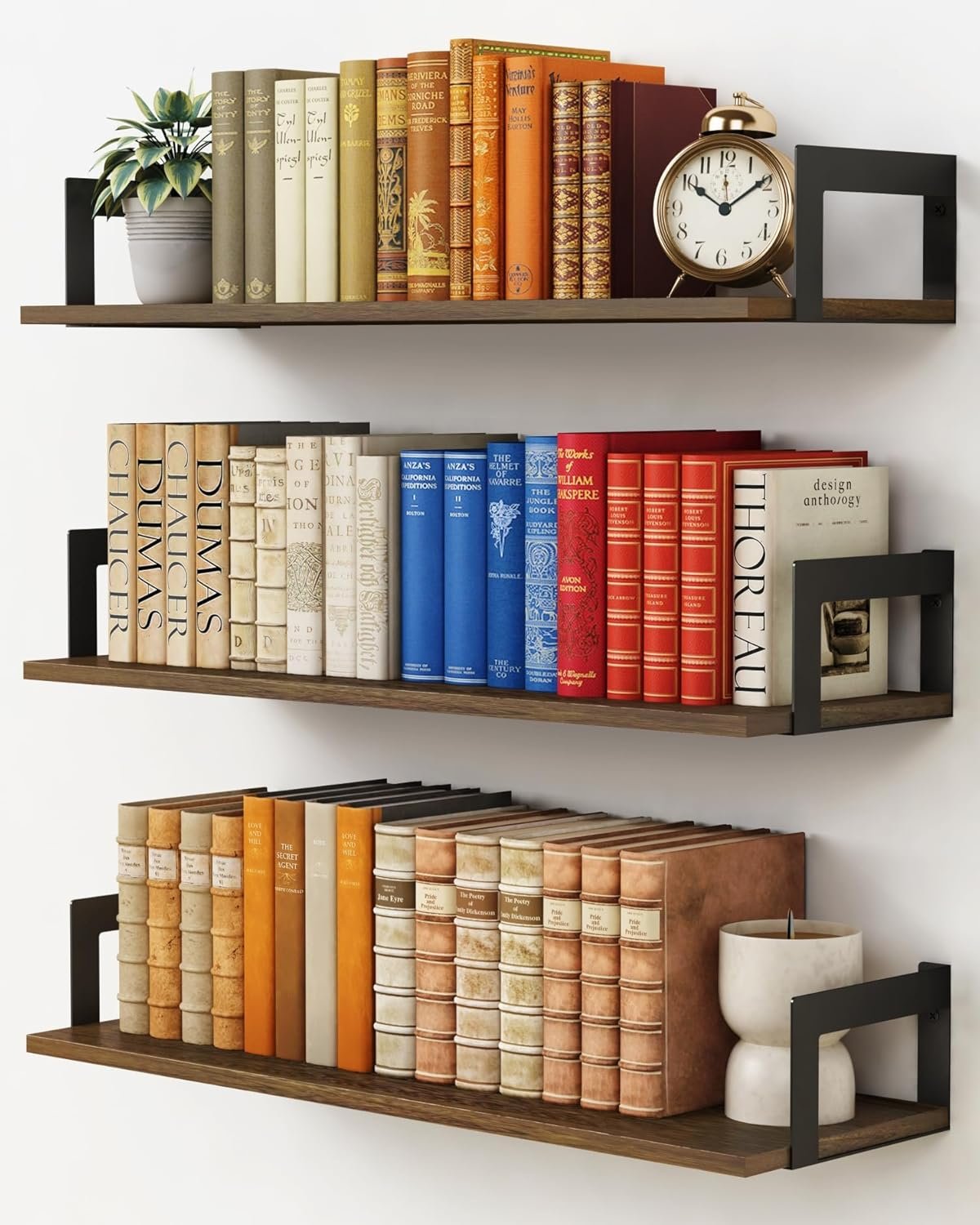 Harwaya Floating Book Shelves for Wall 3-Pack, 24 Inch Long Wall Mount Bookshelf for Bedroom, Rustic Farmhouse Wood Hanging Bookshelves for Living Room Office Books Plants (Dark Brown)