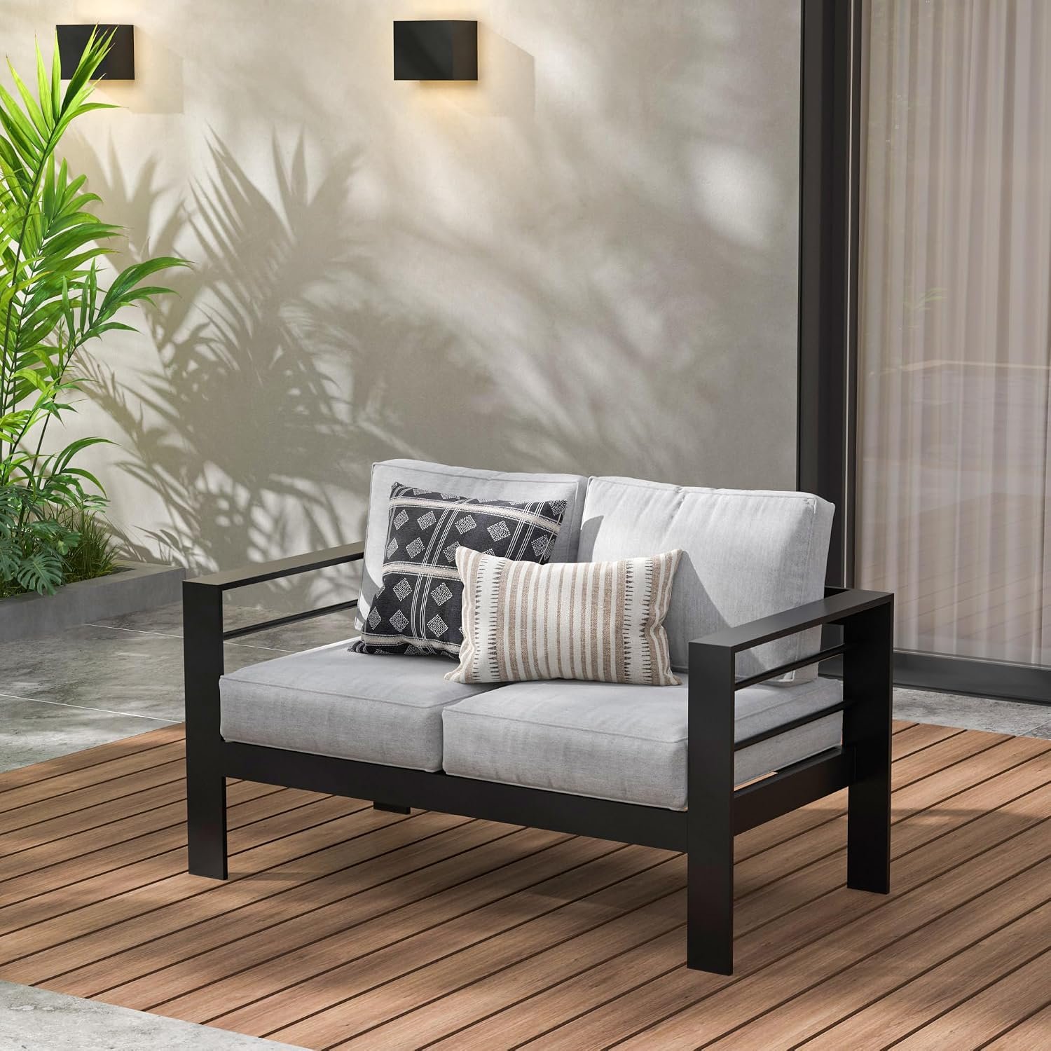Wisteria Lane Aluminum Outdoor Sofa, 2 Seats Patio Couch All-Weather Rust-Proof Modern Metal Patio Furniture with 5″ Thick Olefin Cushions, Light Grey