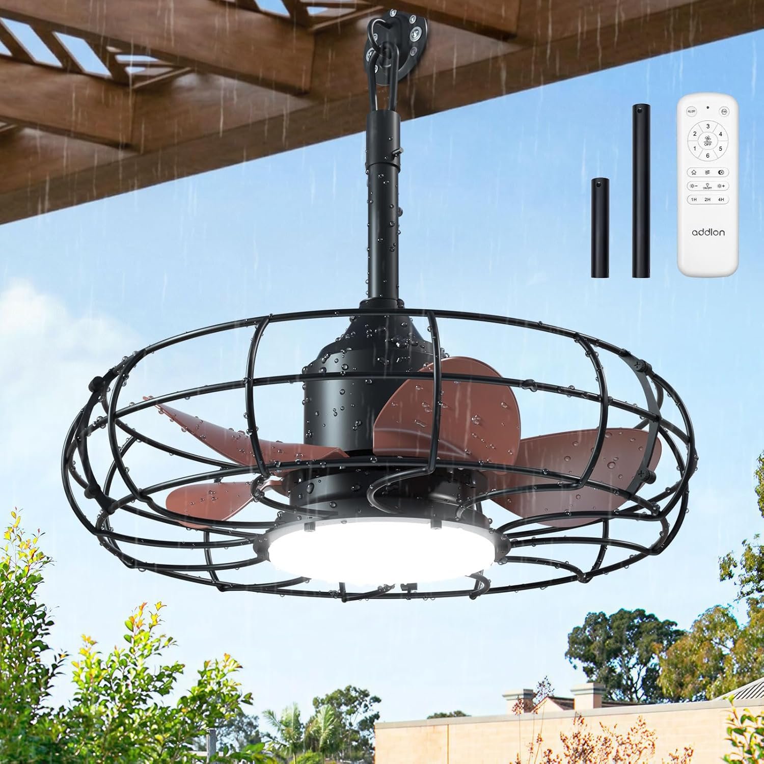 addlon 20″ Outdoor Ceiling Fan with Light for Patio, IP65 Plug in Caged Fan | Waterproof, Hanging Hook, Reversible DC Motor, 6 Speeds, Remote Control, Quiet Operation, Timer, for Gazebo, Patio, Porch