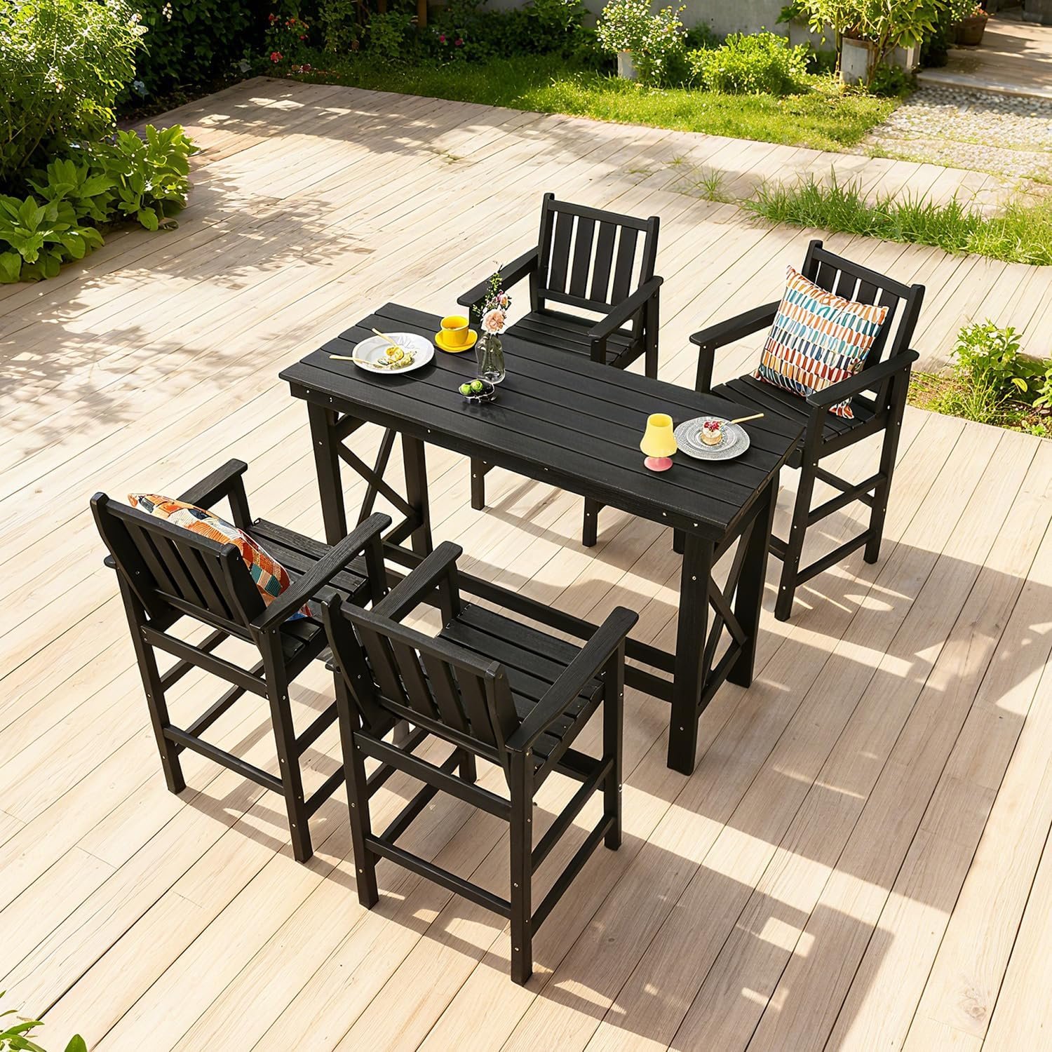 5PC Outdoor Bar Table and Chairs Set, Adirondack Bar Chairs Set of 4 and Bar Height Table, All Weather HDPE Outdoor Bar Stools Furniture Set for Poolside, Garden, Backyard, Black