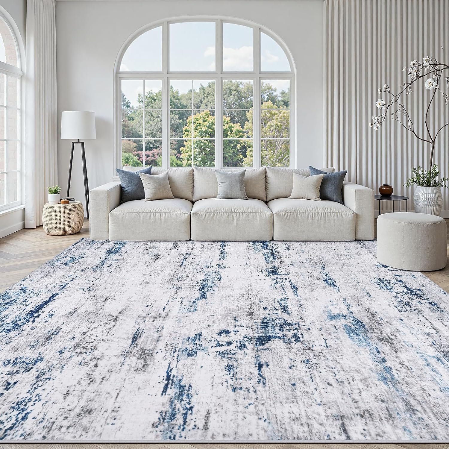 Area Rug Living Room Rugs: 8×10 Large Soft Indoor Carpet Modern Abstract Rug with Non Slip Rubber Backing for Under Dining Table Nursery Home Office Bedroom White Gray Blue
