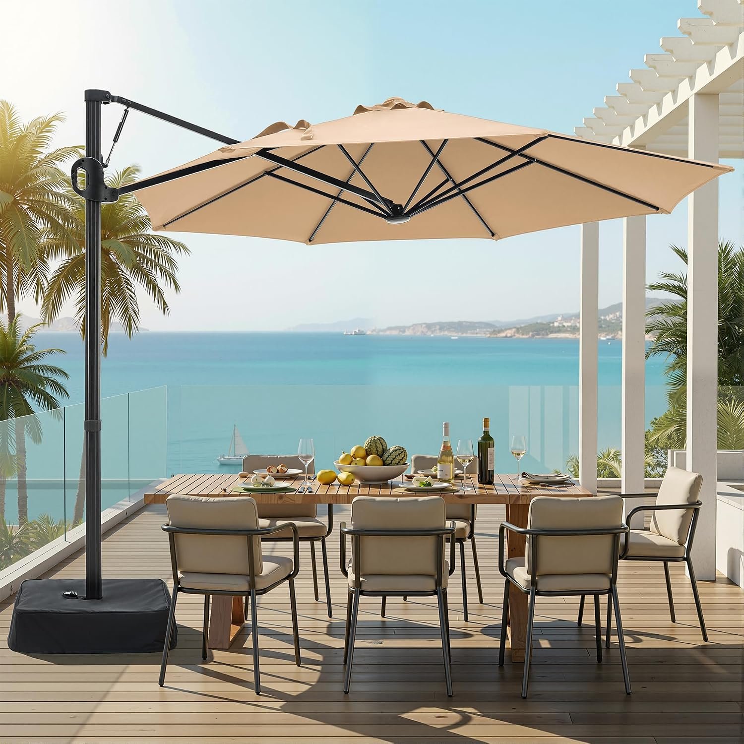 SUPERJARE 9ft Cantilever Umbrella with Base Included, Large Outdoor Umbrellas for Patio, Foot Pedal for 360° Rotation, Durable Metal Ribs, Offset Patio Umbrella, for Pool, Deck, Beige