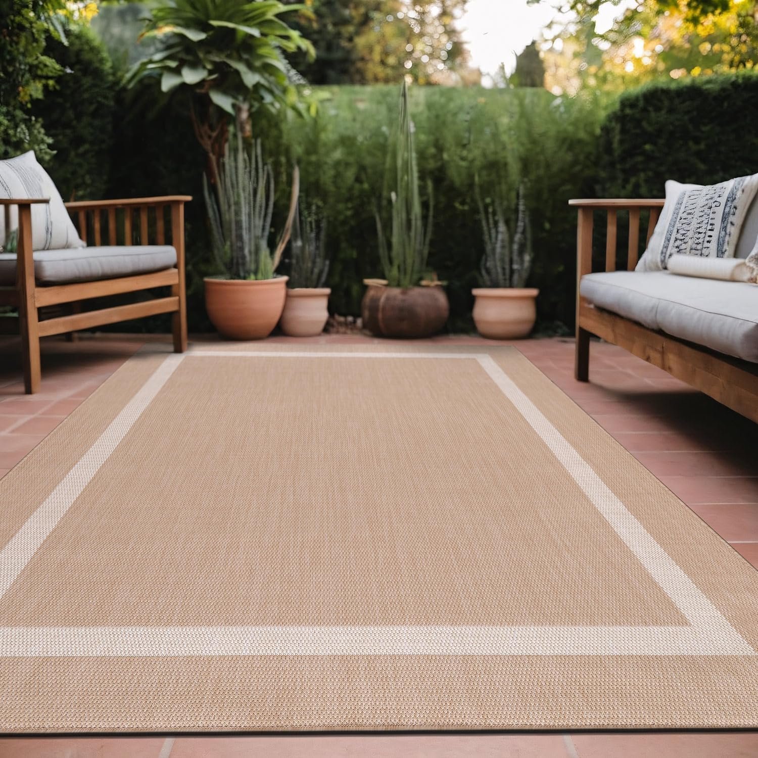 Luul Home Bordered Outdoor Rug 5×7 Washable Outside Carpet for Indoor Patio Porch Waterproof Easy Cleaning Non Shedding Area Rugs Beige 5 x 7