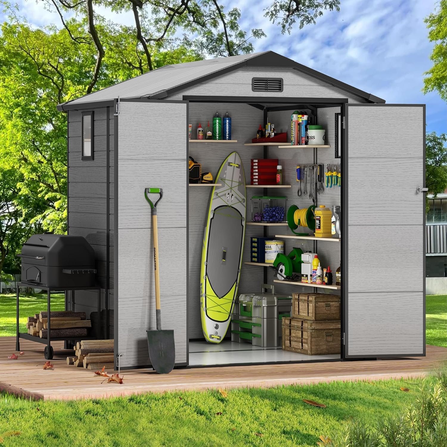 6 x 6 FT Resin Shed with Floor & Skylight, Weather & UV Resistant Sheds | Lockable Plastic Shed with 14mm Double-wall Panel, Fade & Crack Resistant, Pre-drilled Anchor Holes for Wind Stability