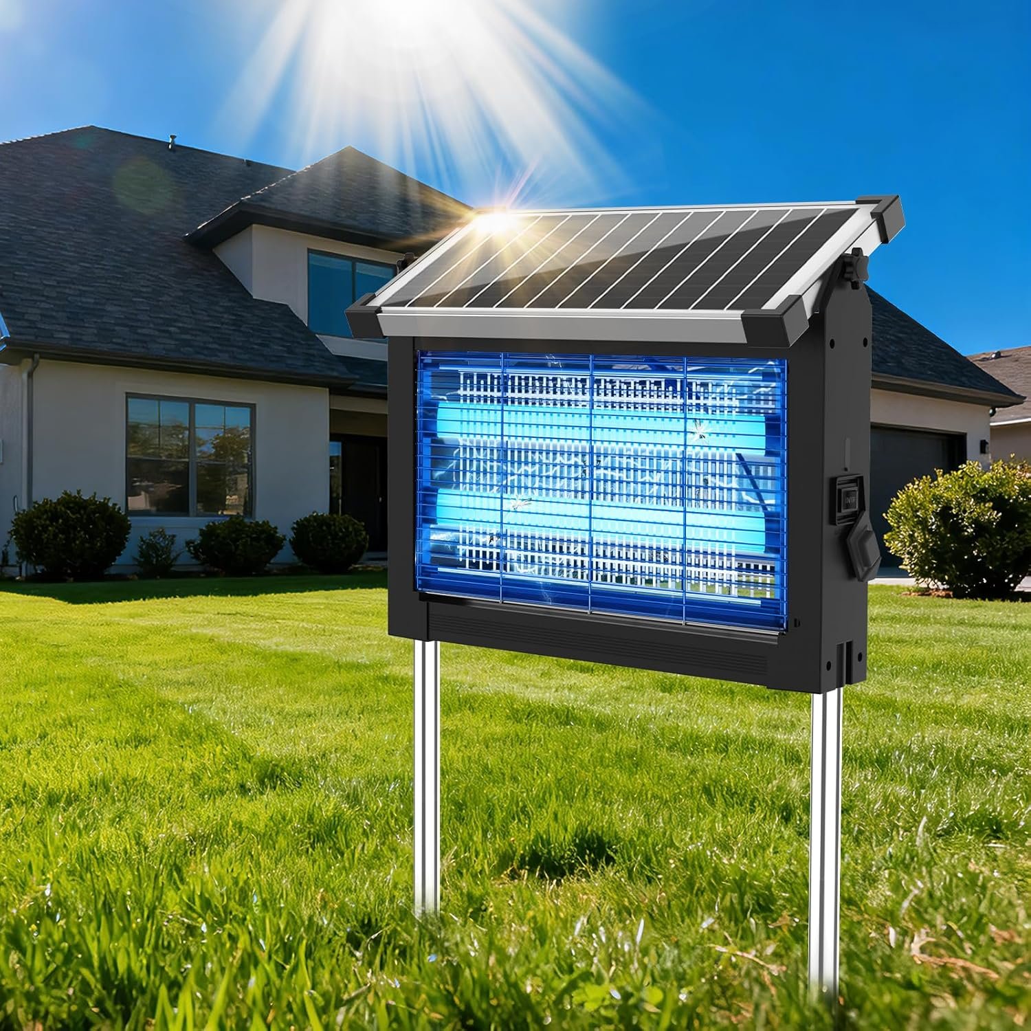 OnBeam Solar Bug Zapper Outdoor, 4500V Mosquito Zapper Fly Trap for Patio | 10W Solar Panel, IPX5 Waterproof, Auto Mode, Solar Powered, USB C Charging, Electric Rechargeable Mosquito Killer for Garden
