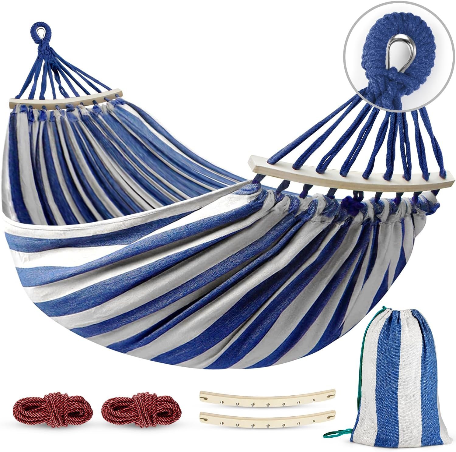 MOSFiATA Hammocks Portable Camping Hammock Upgraded 550lb Comfortable Fabric Hammock with Two Anti Roll Balance Beam and Sturdy Metal Knot Tree Straps for Camping, Patio, Backyard, Outdoor(Blue White)