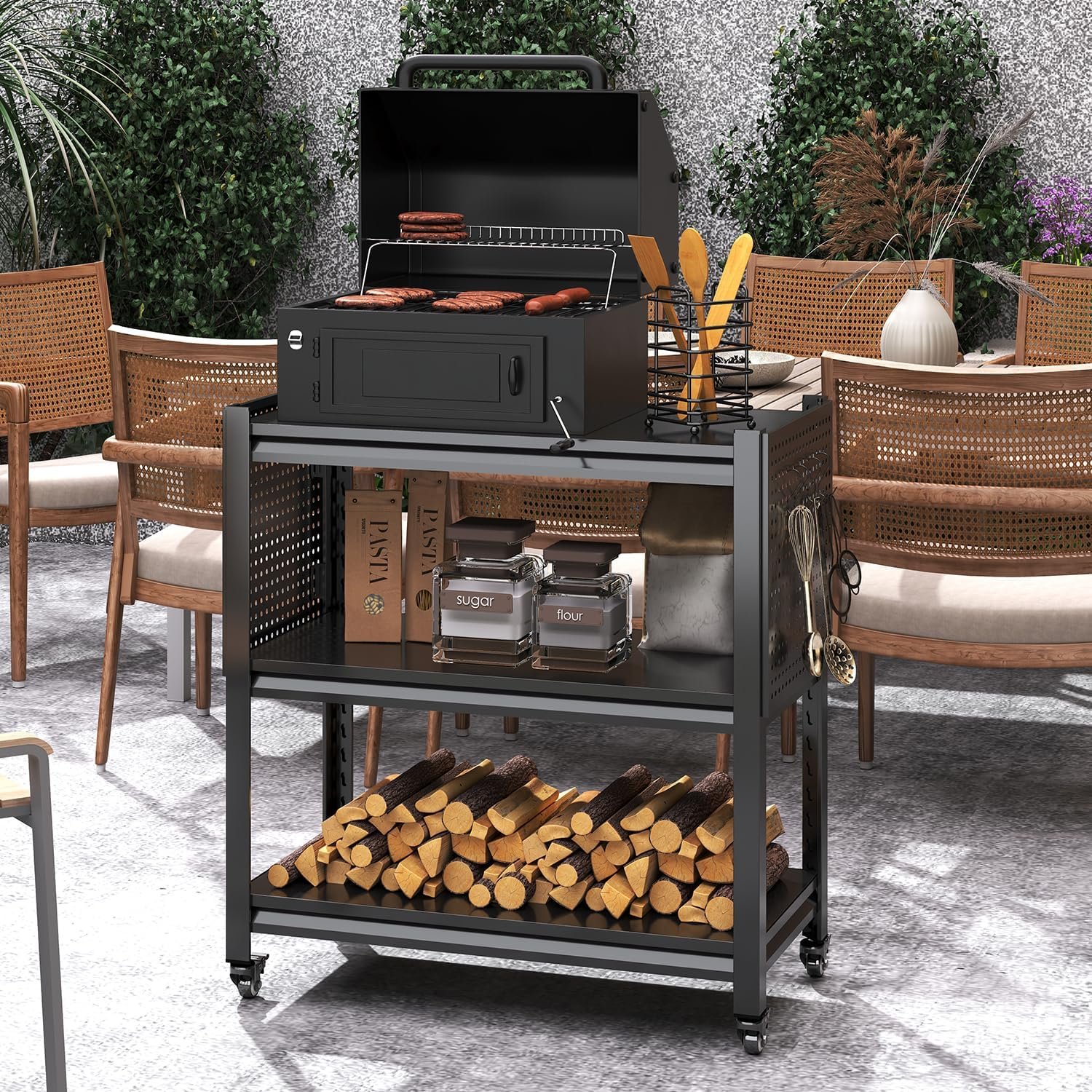 Outdoor Cart Grill Table with Storage, Heavy Duty Metal Rolling Grill Cart,Grill Stand Side Table for Outdoor Cooking Station Pizza Oven,Black,33.46″*32.68″*15.75″