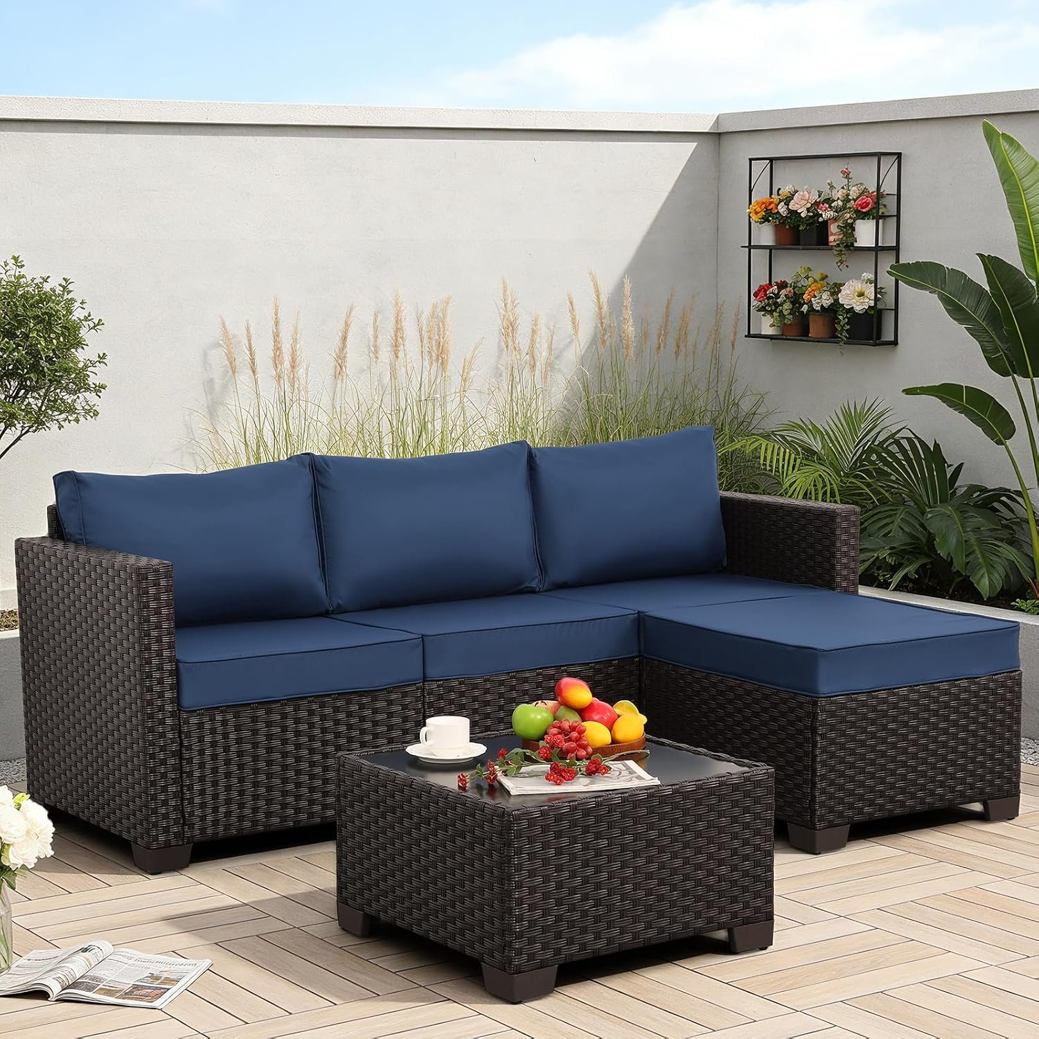 Patio Furniture Set 3 Pieces Outdoor Sectional Sofa Set Wicker Patio Furniture Outdoor Couch Outdoor Ottoman Coffee Table with Glass All-weather Non-slip Cushions Waterproof Covers, Navy Blue