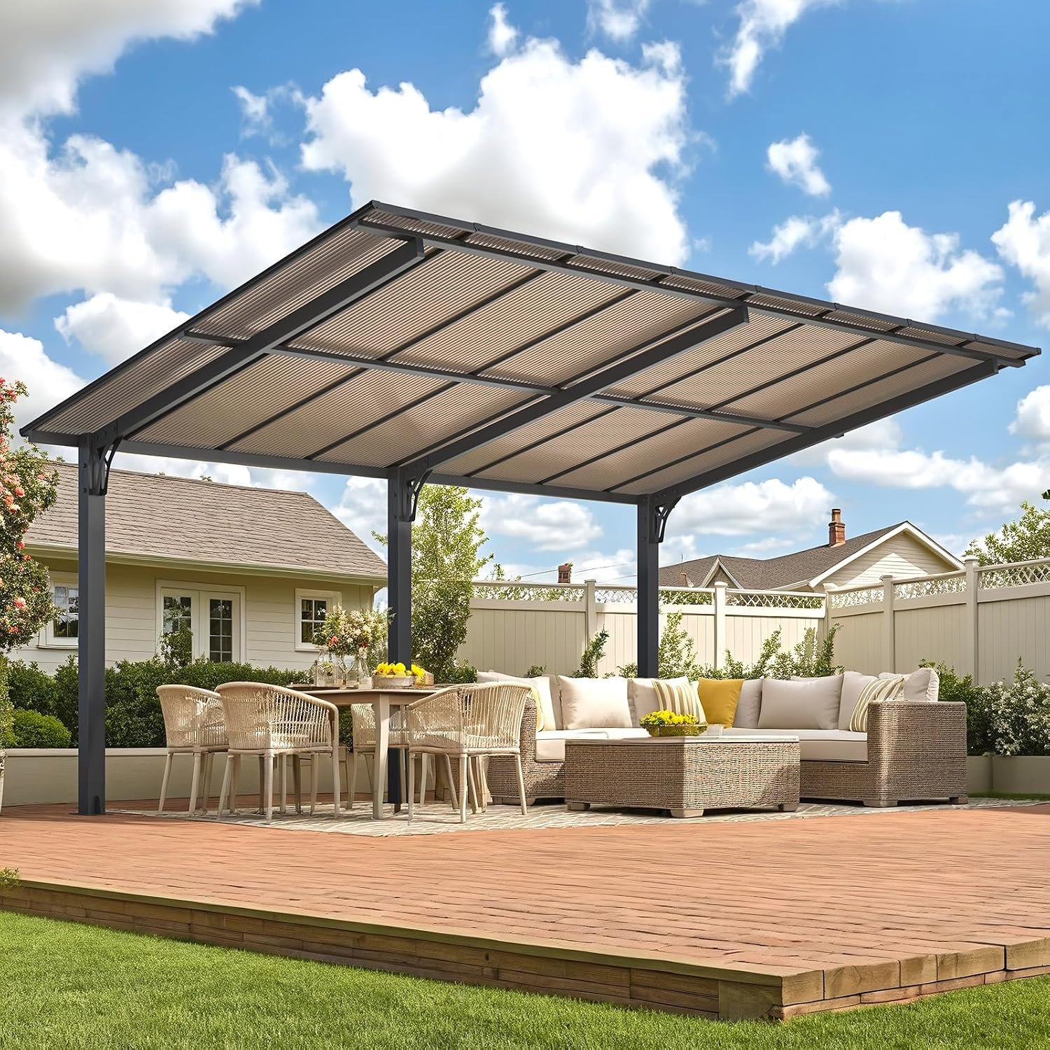AECOJOY 16′ x 10′ Outdoor Gazebo Pergola for Patio,10×16 Freestanding Pergola Carport, Lean to Hardtop Gazebo, Pergolas and Gazebos Clearance with Roof, Wall-Mounted Heavy Duty Awnings for Patio