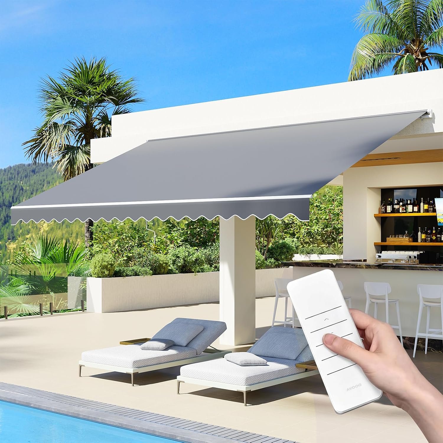 Aoxun Motorized Retractable Awning 15×10 FT Electric Patio Awning with Remote Control Manual Crank, 280g Waterproof Polyester Canopy, Outdoor Sunshade for Deck Window Balcony Gray