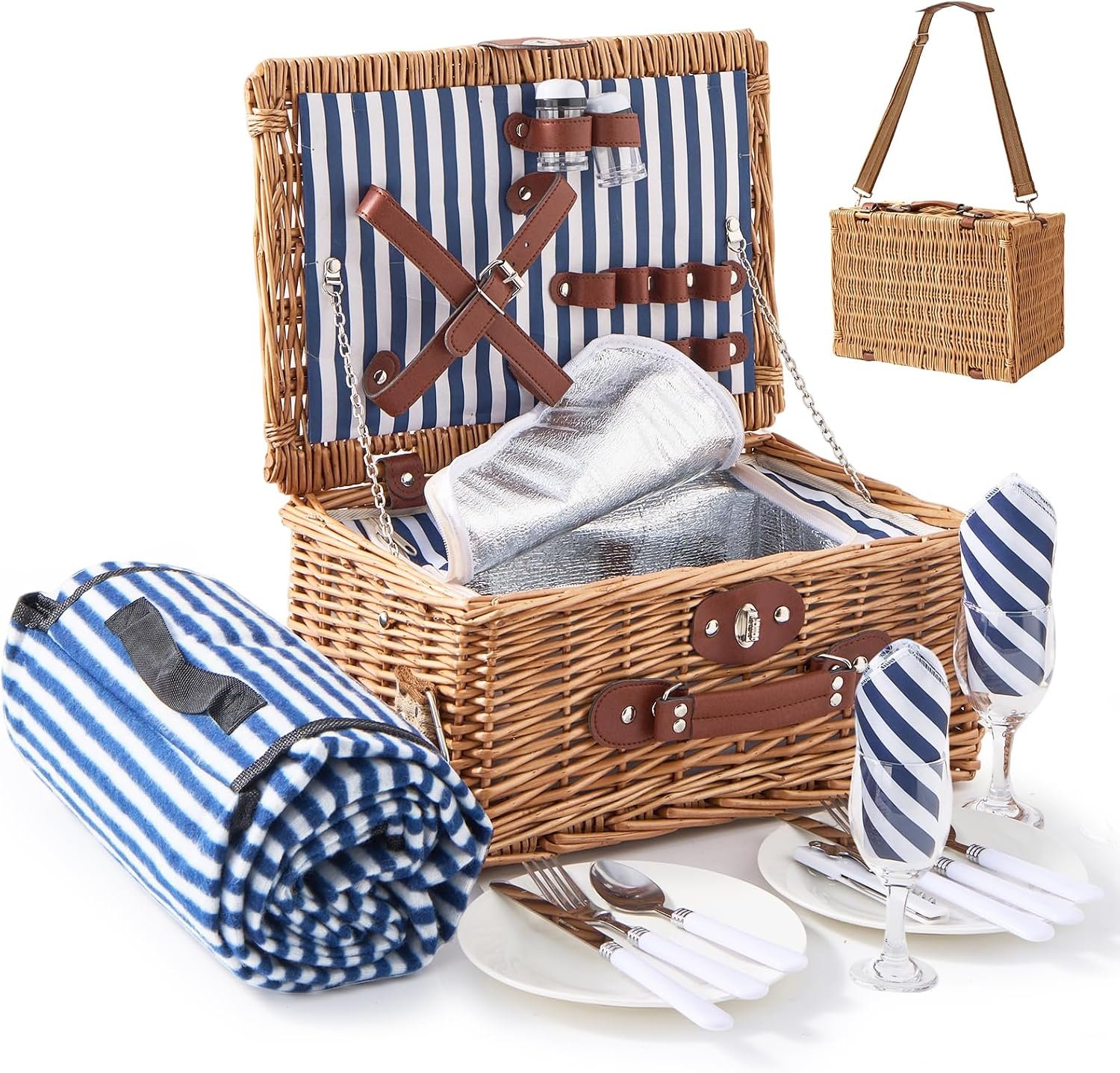 Willow Picnic Basket with Blanket for 2, Insulated Wicker Picnic Basket Set with Cooler Compartment, Plates, Wine Glasses, Cutlery & Napkins, Romantic Picnic Hamper for Camping, Outdoor, Gift