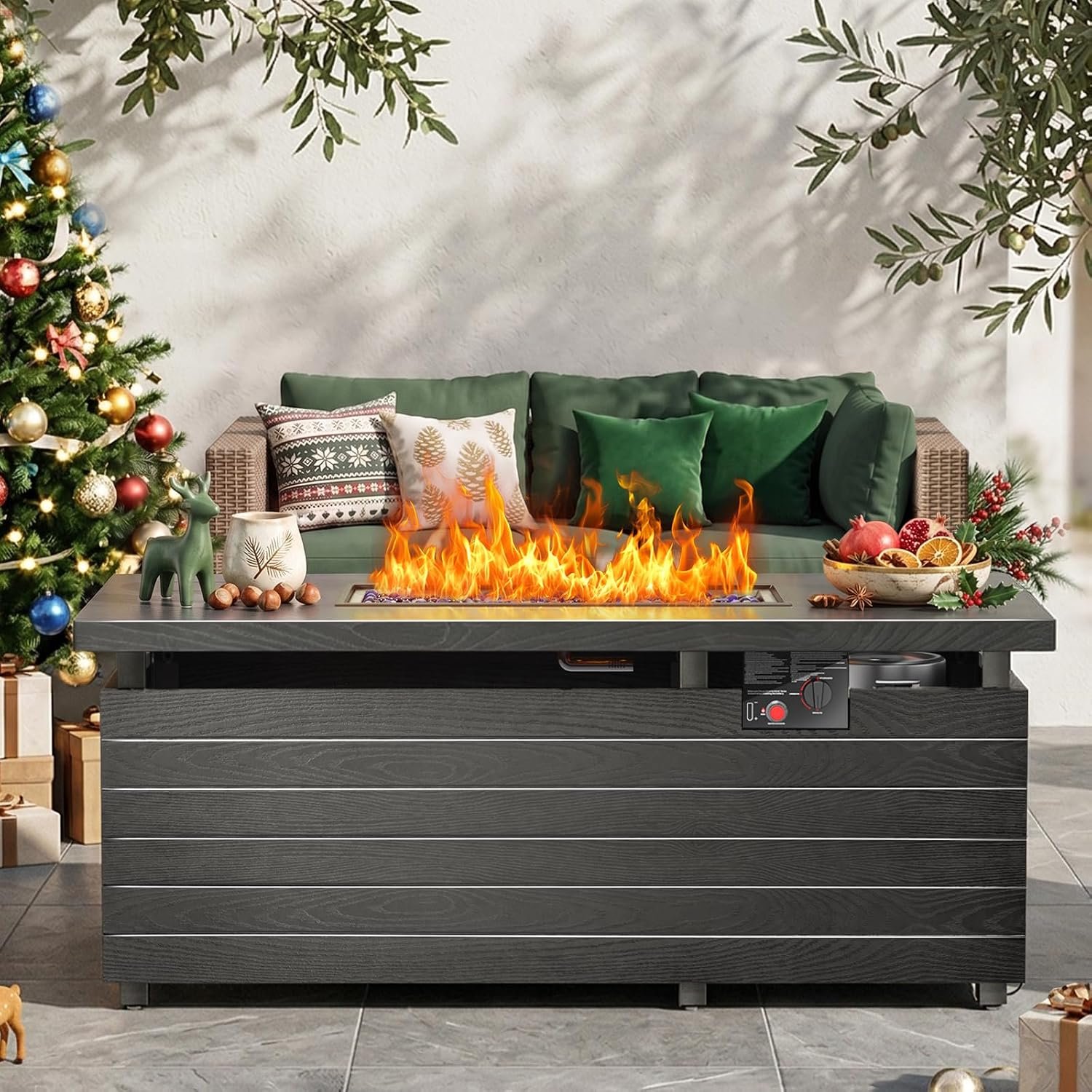 51 Inch Outdoor Propane Fire Pit Table, 50000 BTU Rectangular Propane Fire Pit with Steel Tabletop & Sliding Tank Holder, 4-in-1 Gas FirePit Table with Blue Glass Stones for Patio, Backyard